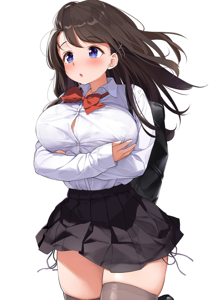 backpack big_breasts blue_eyes blush breasts brown_hair button_gap female female_focus female_only fully_clothed kaisen_chuui long_socks open_mouth original school_uniform simple_background skirt socks thick_thighs uniform white_background