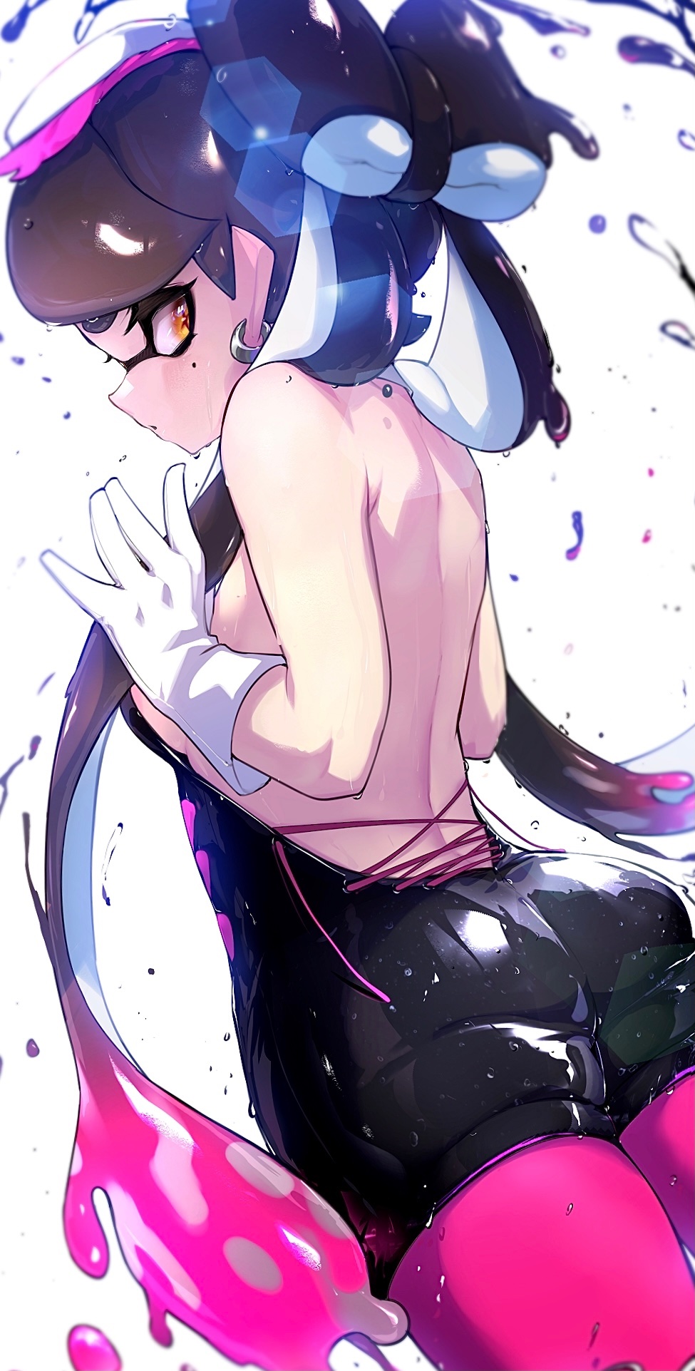 + +, 1girls, alternate hairstyle, ass, bangs, bare back, black hair, bow, bowtie, breasts, callie (splatoon), clothed, earrings, female, female focus, female only, gloves, hair ornament, hizake, inkling, kashu (hizake), leggings, long hair, looking at viewer, looking back, mole, mole under eye, nintendo, pink hair, pointy ears, pseudo hair, shiny, shiny clothes, shiny hair, sideboob, simple background, smooth skin, solo, splatoon, splatoon (series), splatoon 2, tentacle hair, tight clothing, two-tone hair, very long hair, wet, wet clothes, white background, white gloves, yellow eyes