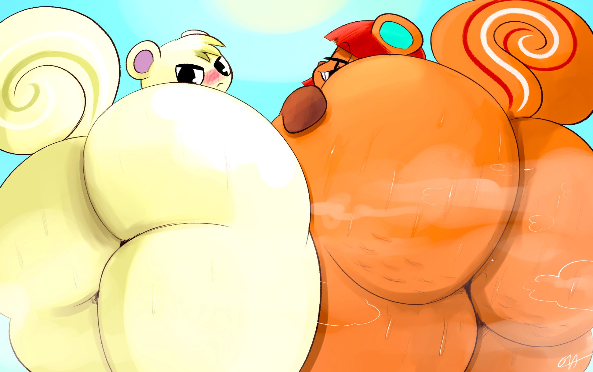 1boy, 1girls, animal crossing, anthro, ass, ass close-up, ass closeup, ass focus, big ass, bisexual, black eyes, blush, both sexes in same situation, bubble ass, bubble butt, buckteeth, butt, butt close-up, butt focus, close up, close up ass, close up view, close-up, close-up ass, closeup, closeup view, embarrassed, female, from below, fur, furry, hazel (animal crossing), huge ass, imminent facesitting, large ass, looking back, male, marshal (animal crossing), musk, musky, nintendo, orange fur, ota (artist), outdoors, presenting, red hair, seductive, short hair, smelly, smile, squirrel, sweat, tail, take your pick, tan fur, thick, thick thighs, worm's-eye view, yellow fur