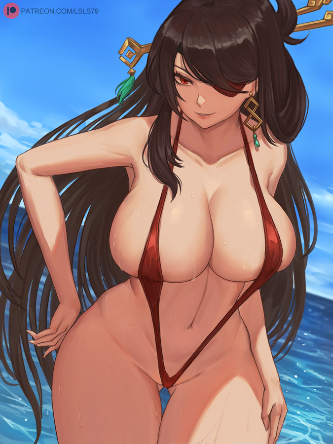 1girls beidou_(genshin_impact) big_breasts curvy earrings eye_patch female female_only genshin_impact hair_ornament large_breasts long_hair lsls midriff one-piece_swimsuit red_eyes solo solo_female sweat swimsuit thick thick_thighs voluptuous wet wide_hips