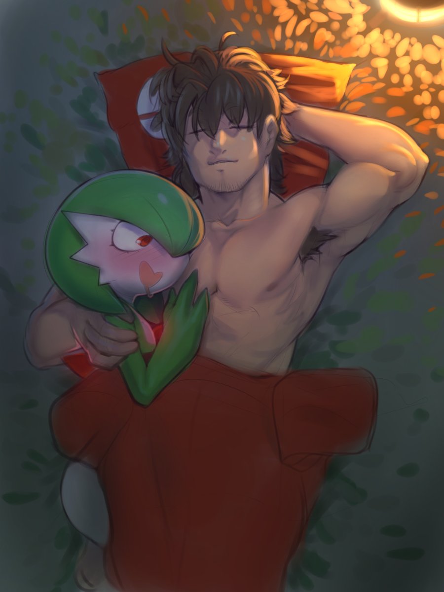1boy, 1girls, anthro, blush, female, gardevoir, human, male, mystical, plantpenetrator, pokémon (species), pokemon, pokemon (species), sleeping, topless, wholesome