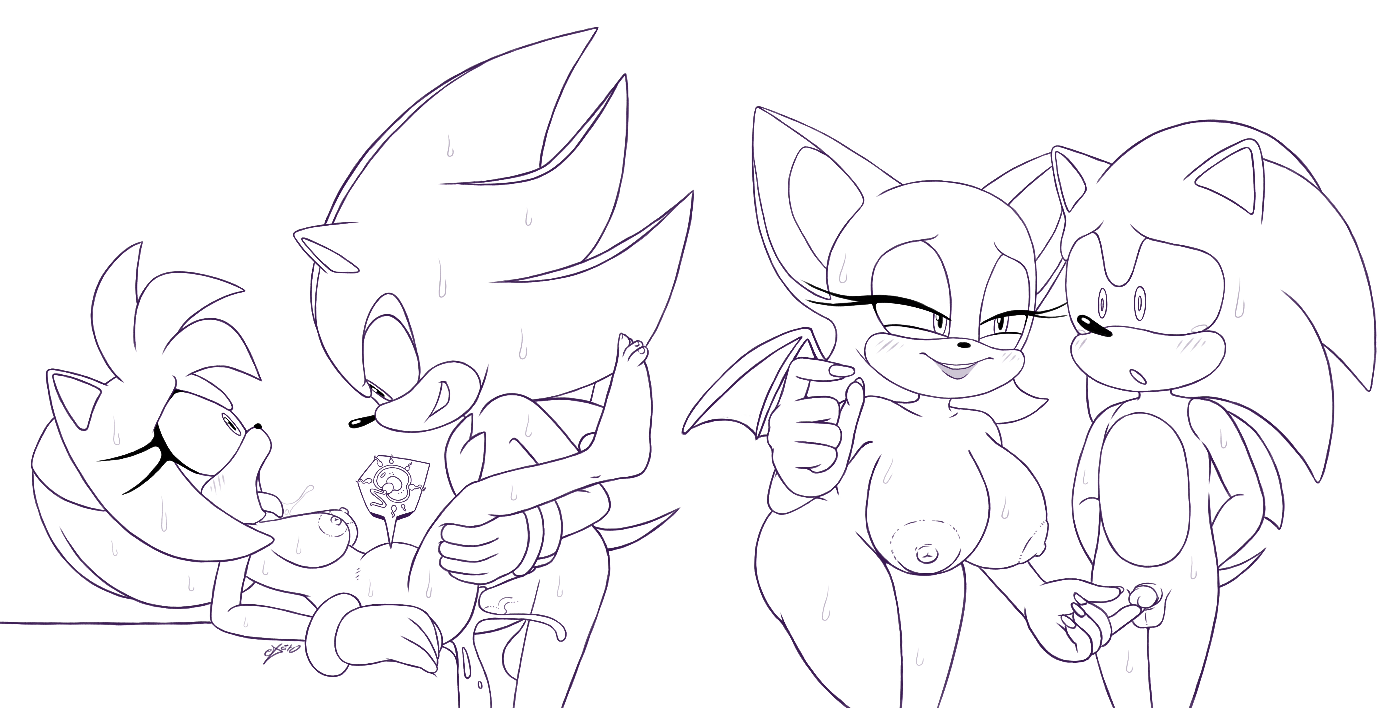 2021, absurd res, accessory, amy rose, anthro, balls, bat, big breasts, black nose, blush, bodily fluids, bracelet, breasts, chiropteran, clothing, cuckold, cum, cum in pussy, cum inside, cum splatter, digital media (artwork), eulipotyphlan, excito, eye contact, eyelashes, female, genital fluids, genitals, gloves, group, hair accessory, hairband, half-closed eyes, hands behind back, handwear, hedgehog, hi res, huge breasts, humiliation, impregnation, interspecies, jewelry, leaning, leaning forward, leg grab, looking at another, lying, male, male/female, mammal, membrane (anatomy), membranous wings, monochrome, narrowed eyes, nude, on back, open mouth, ovum, penetration, penile, penile penetration, penis, penis in pussy, pinching gesture, pussy, rouge the bat, saliva, sega, sex, shadow the hedgehog, simple background, small penis, small penis humiliation, sonic (series), sonic the hedgehog, sonic the hedgehog (series), sperm cell, standing, sweat, table lotus position, tongue, tongue out, vaginal penetration, white background, wide eyed, wings