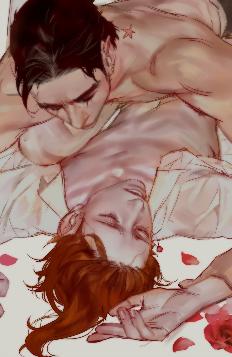 2boys anal bangs bare_chest bare_shoulders barechested barely_clothed bed bed_sheet belly brown_hair chest closed_eyes consensual duo duo_focus earring emg_(christain) exposed_belly exposed_chest eyes_closed gay hand_above_head implied_sex in_bed indoor indoors joestar_birthmark jojo's_bizarre_adventure jotaro_kujo knee_up leg_up looking_pleasured lying lying_on_back lying_on_bed lying_on_person male/male male_focus male_only male_penetrating male_penetrating_male medium_hair moaning multiple_boys noriaki_kakyoin parted_hair red_hair restrained restrained_arms restrained_male romantic rose rose_petals shirt sideburns stardust_crusaders stomach tattoo teeth teeth_showing topless topless_male white_shirt wholesome yaoi