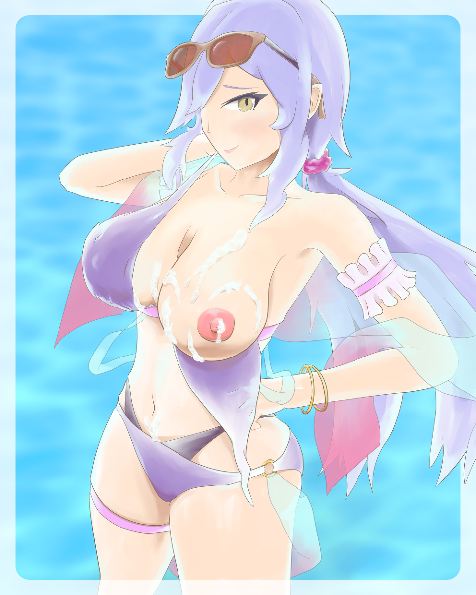 1girls alternate_breast_size beach bikini blue_hair blush bukkake c_o_d_a_(artist) cum cum_on_body cum_on_breasts cygames dragalia_lost exposed_breasts female female_only large_breasts light_skin long_hair looking_at_viewer nintendo ocean older_female panties smile swimsuit yellow_eyes yoshitsune_(dragalia_lost)