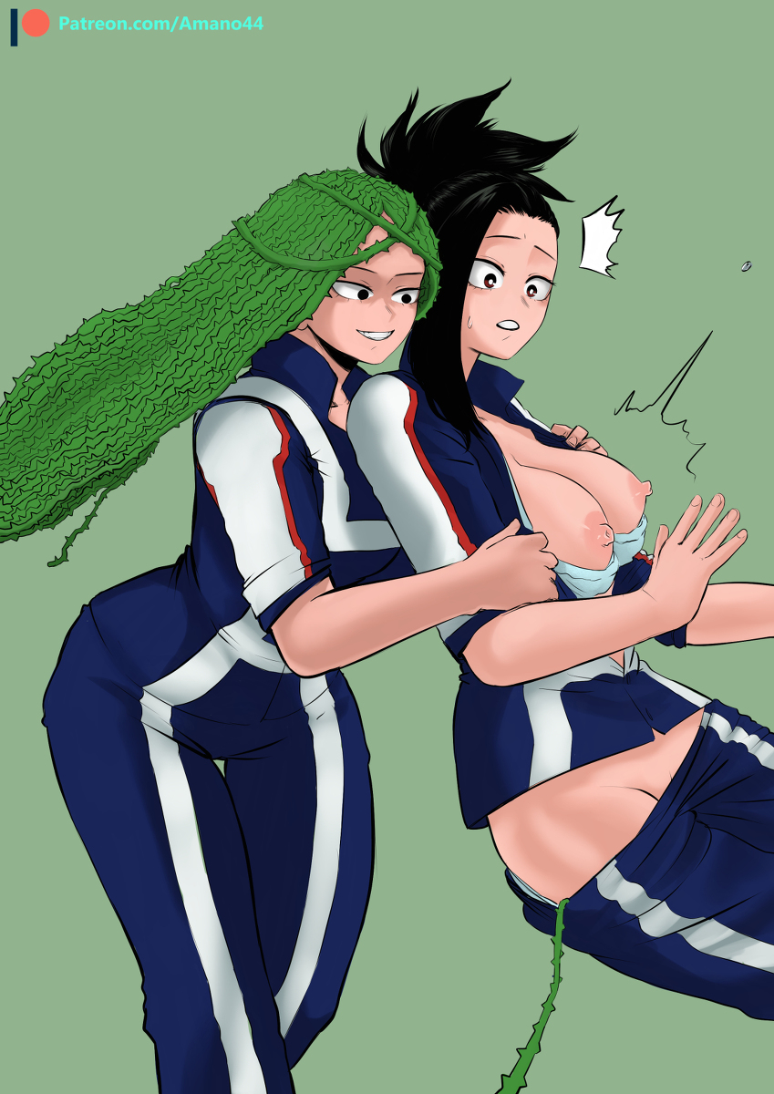 2girls, amano44, black eyes, black hair, black-haired female, breasts, brown eyes, exposed breasts, female, from behind, green hair, green-haired female, ibara shiozaki, large breasts, long hair, momo yaoyorozu, multiple females, multiple girls, my hero academia, prehensile hair, shiozaki ibara, shocked, smile, surprised, u.a. gym uniform, undressing, undressing another, vines, yaoyorozu momo, yuri