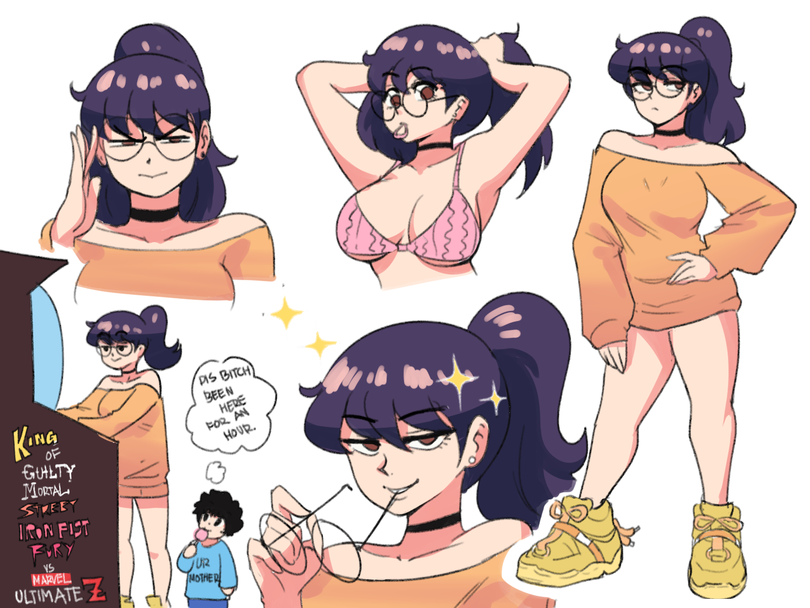1girls, bottomless, bra, brown eyes, choker, collage, earrings, female, female focus, gamer girl, glasses, original, ponytail, purple hair, solo focus, sweater, tagme, thought bubble, tina (tinafate1), tinafate1, video game