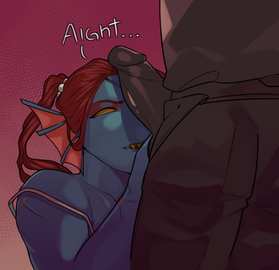 anthro, blue skin, dcoda, female, imminent oral, looking at penis, male, penis, penis out, red hair, scalie, scar, undertale, undyne, unseen male face