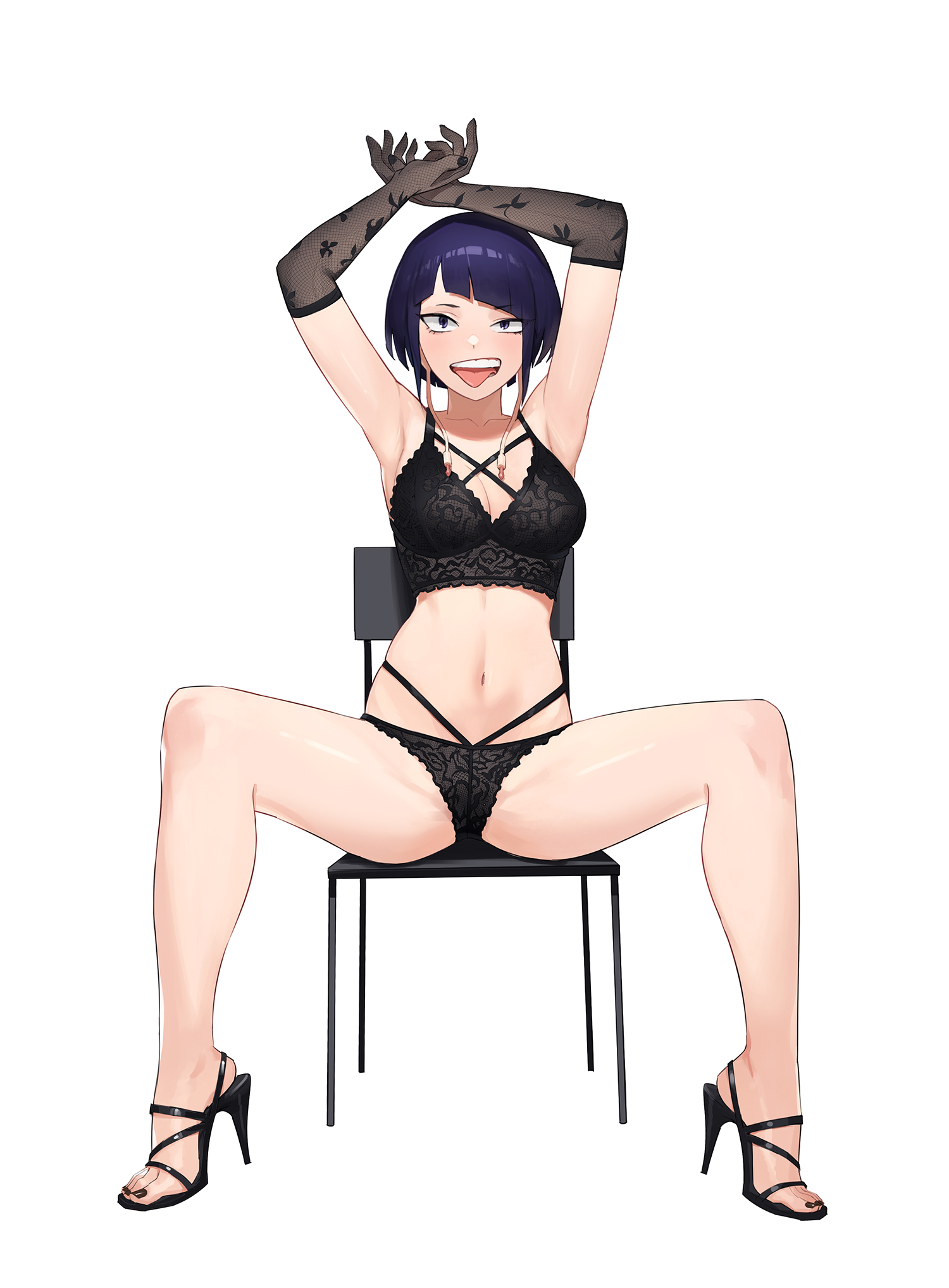 1girls, black bra, black underwear, bra, chair, female, female only, gloves, hands up, heels, jason kim, kyoka jiro, legs apart, legs spread, lingerie, my hero academia, purple hair, purple-haired female, sitting, sitting on chair, tongue, tongue out, underwear