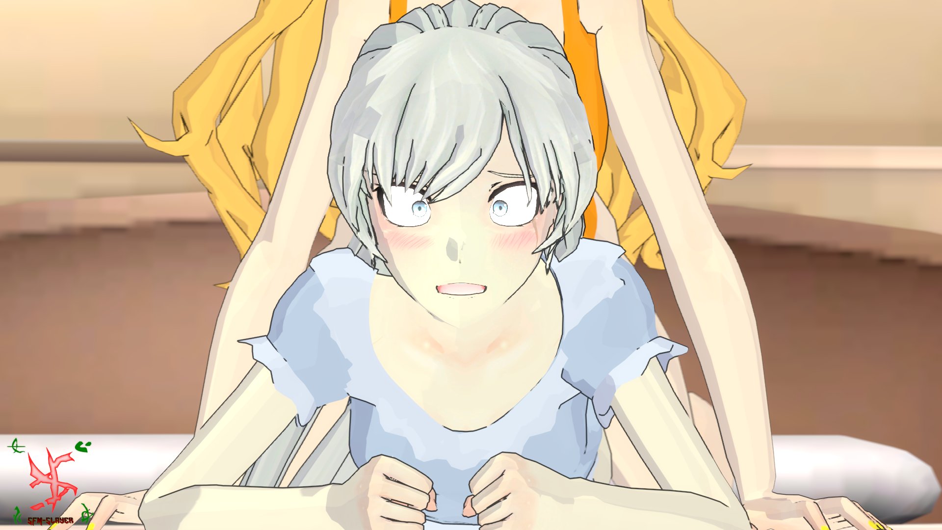 1futa, 2girls, 3d, bedroom, blonde hair, blush, breasts, clothing, constricted pupils, female, futa on female, futanari, human, implied anal, implied sex, intersex, medium breasts, painted nails, pajamas, rwby, sfmslayer, surprised, weiss schnee, white hair, yang xiao long