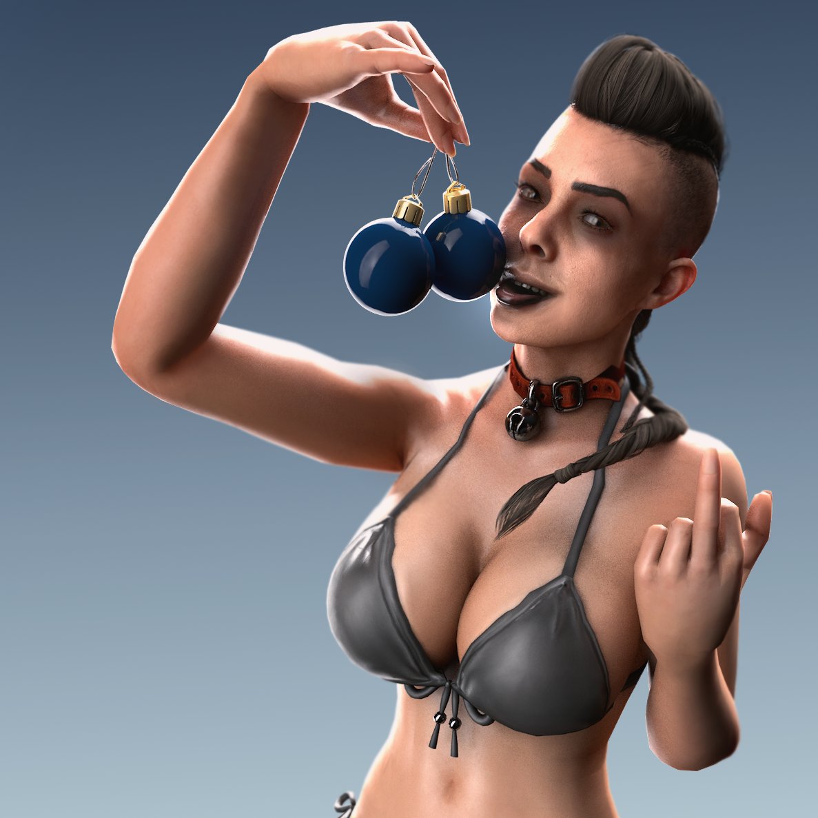 1girls bell bikini blonde_hair braided_hair brown_eyes call_of_duty call_of_duty_black_ops_cold_war christmas_balls christmas_ornament collar flickytuts looking_at_viewer middle_finger smile solo_female teasing tongue_out wraith_(cod)