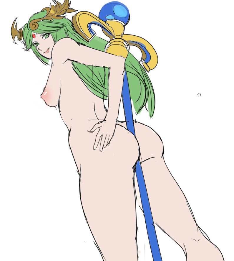 ass ass_focus green_eyes green_hair kid_icarus kid_icarus_uprising looking_at_viewer looking_back nintendo nude nude_female palutena staff sunbeam_(artist)