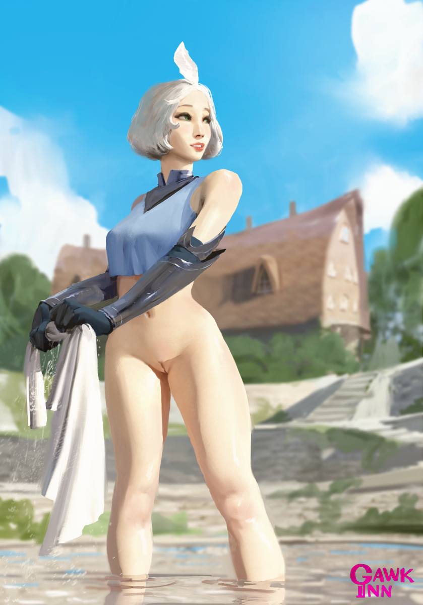 1girls armor bottomless elf gauntlets gawkinn outdoors partially_submerged pussy shaved_pussy solo standing washing water white_hair