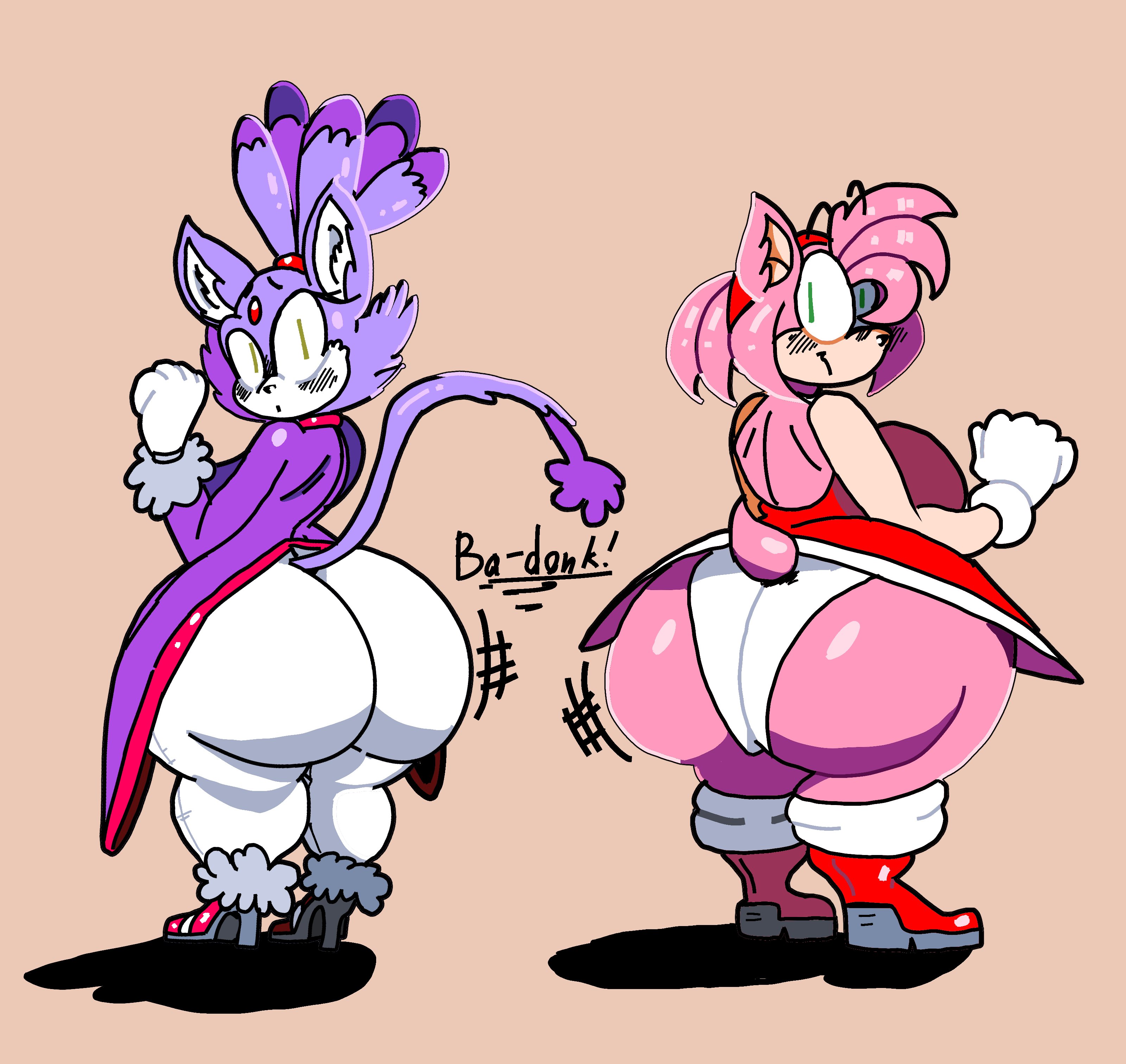 2girls, amy rose, anthro, ass, blaze the cat, bottom heavy, female, furry, huge ass, shortstack, sonic (series), thick thighs