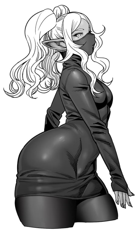 1girls big_ass breasts curvy dark-skinned_female dark_elf dark_skin elf elf-san_wa_yaserarenai female humanoid kuroeda long_hair monochrome pointy_ears synecdoche tagme thick_thighs white_hair wide_hips