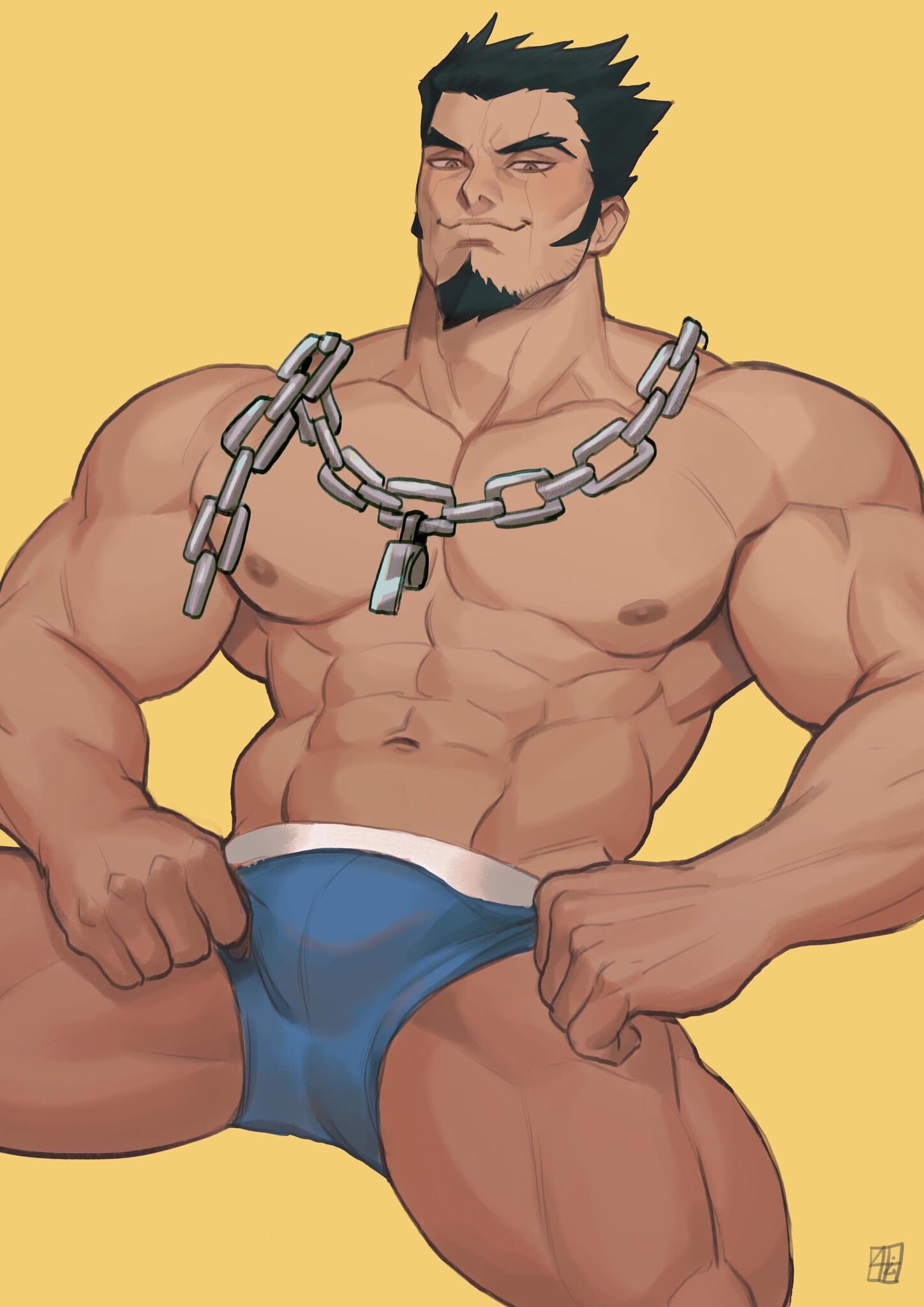 1boy 1male 2017 5_fingers abs absolum anatomically_correct areola areolae bara barazoku beard belly belly_button biceps big_muscles big_pecs black_eyebrows black_hair blue_boxers blue_briefs blue_underwear bodybuilder boxer_briefs boxers boxers_(clothing) briefs brown_nipples bulge chain_collar chains color danganronpa danganronpa_2:_goodbye_despair danganronpa_s:_ultimate_summer_camp dilf facial_hair fist human human_only looking_at_viewer male male_focus male_only manly muscle muscles muscular muscular_arms muscular_legs muscular_male muscular_thighs nekomaru_nidai nidai_nekomaru nipples pecs pectorals penis_bulge redgart short_hair six_pack smile smiling smiling_at_viewer solo solo_focus solo_male spiky_hair spread_legs spreading tan tan_skin thick_eyebrows topless two_tone_underwear underwear underwear_only watermark whistle yellow_background