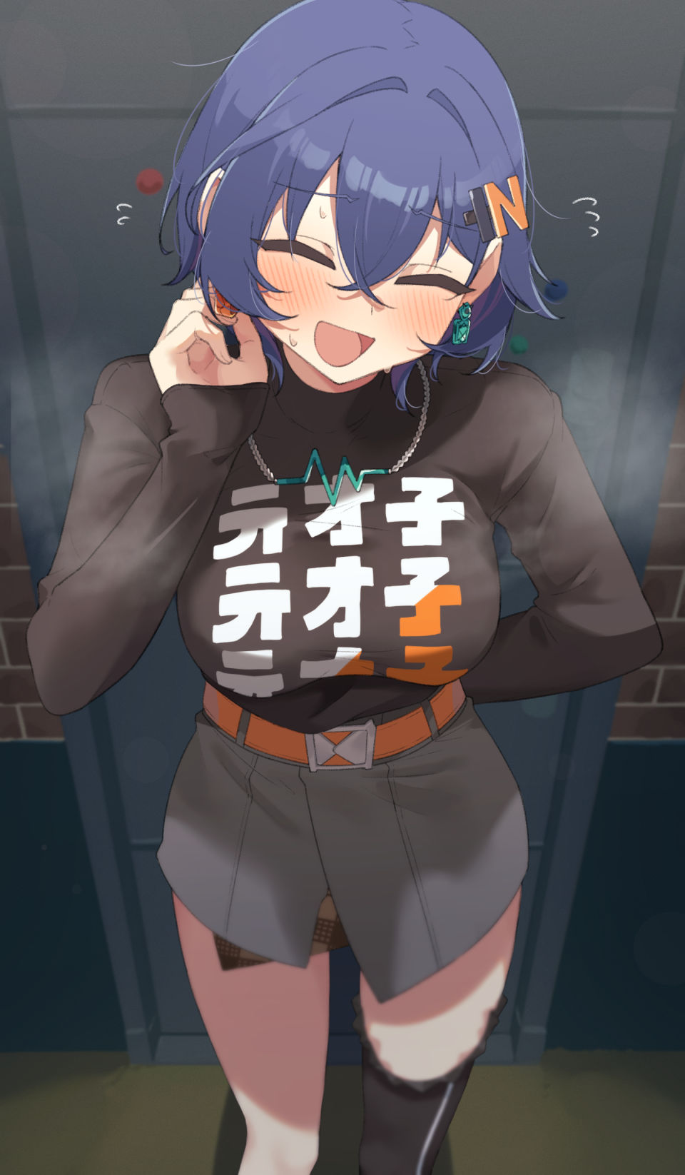 1girls, arm behind back, belle (zenless zone zero), black shirt, black thighhighs, blush, breasts, closed eyes, clothes writing, commentary request, crossed bangs, earrings, female, female only, flying sweatdrops, gukr4322, hair between eyes, hair ornament, hand up, head tilt, highres, indoors, jewelry, large breasts, letter hair ornament, necklace, open mouth, shirt, single thighhigh, solo, steaming body, sweat, thighhighs, zenless zone zero
