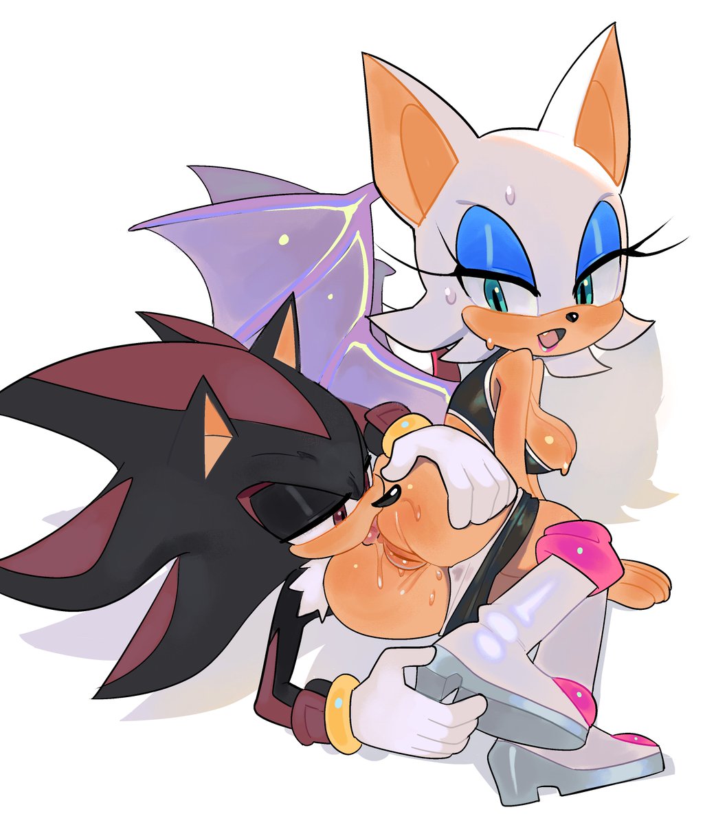 1boy, 1girls, alternate costume, analingus, bat ears, bat wings, black fur, blue eyes, chest tuft, eating ass, eyeshadow, gym shorts, lipstick, pinklilim, pussy, red eyes, rouge the bat, shadow the hedgehog, sonic (series), sonic riders, sonic the hedgehog (series), sweat, sweaty breasts, tongue