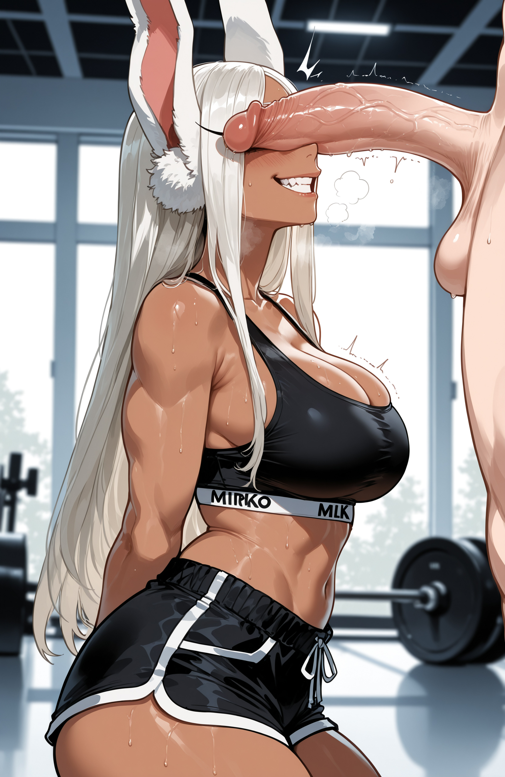ai generated, big ass, big breasts, big butt, big thighs, boku no hero academia, gym, gym clothes, gym shirt, gym shorts, gym uniform, hot, huge ass, huge breasts, huge butt, huge thighs, miruko, miyuai, my hero academia, penis, penis on face, rabbit ears, rumi usagiyama, sexy, sexy female, thick, thick ass, thick butt, thick legs, thick thighs