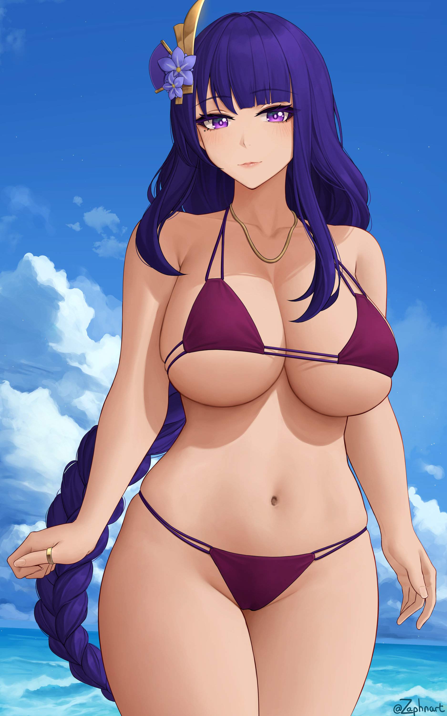 absurdres, bangs, bare shoulders, beach, bikini, blue sky, blush, braid, braided ponytail, breasts, cleavage, collarbone, female, genshin impact, hair ornament, highres, large breasts, long hair, looking at viewer, navel, ocean, purple bikini, purple eyes, purple hair, raiden shogun, sky, solo, swimsuit, thighs, zaphn
