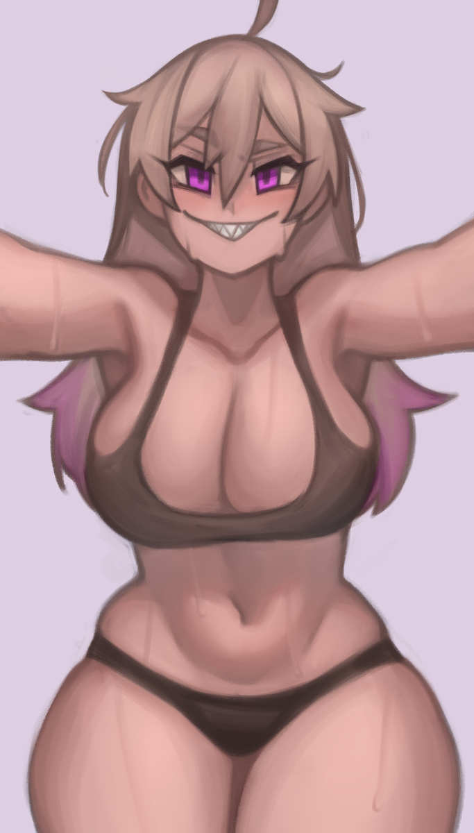 1girls armpits black_panties blonde_hair bra breasts cleavage curvy kelvin_hiu large_breasts looking_at_viewer navel original panties purple_eyes sharp_teeth simple_background smile standing sweat sweatdrop tagme thick_thighs underwear violet_(kelvin_hiu) wide_hips