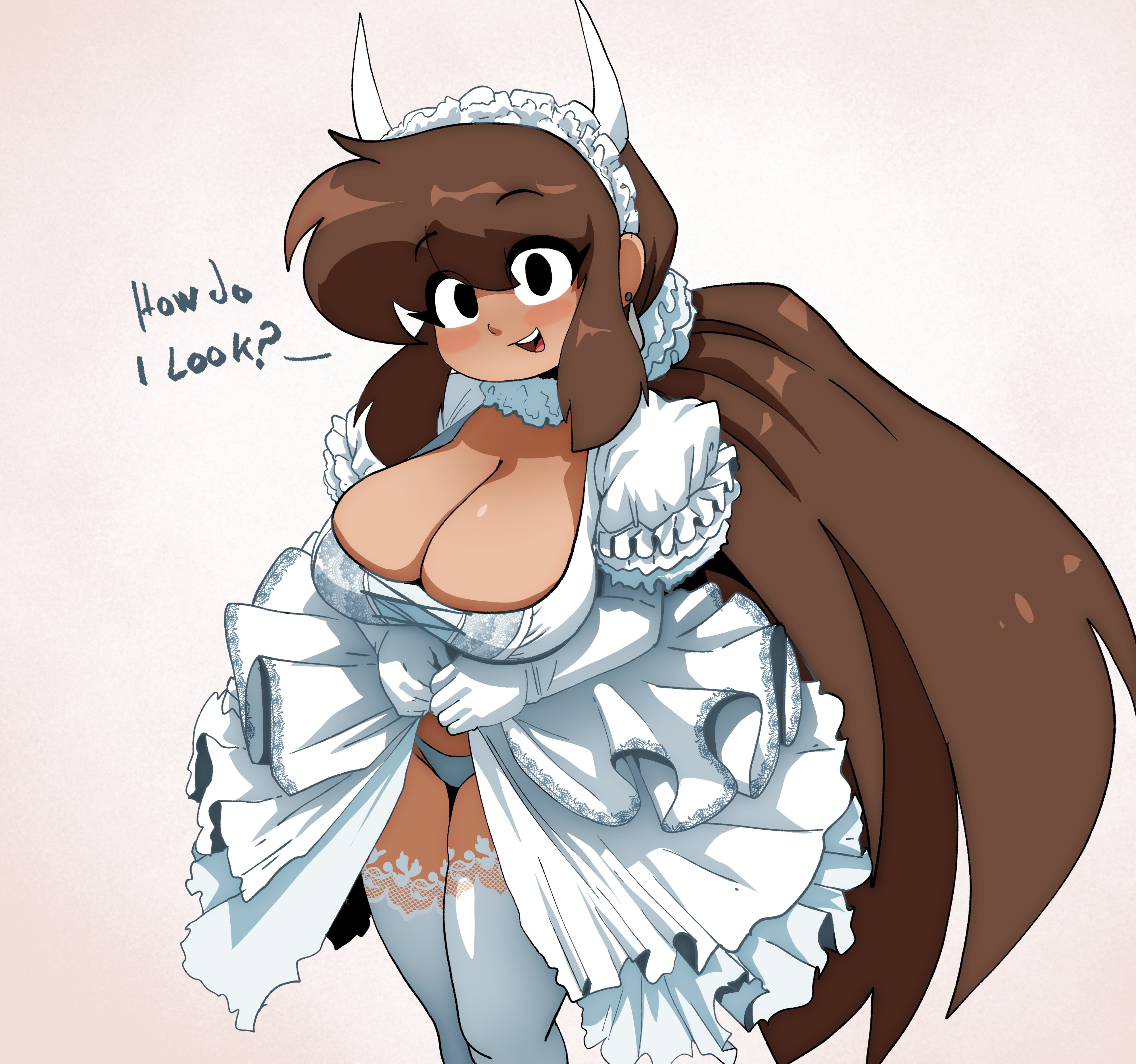 1girls, asking, black eyes, blush, breasts, brown hair, cleavage, clothes lift, clothing, coolerinker, cowboy shot, dark skin, dark-skinned female, dress, dress lift, earrings, elbow gloves, english text, female, frilled dress, frills, gloves, hair scrunchie, hairband, headdress, headwear, horns, huge breasts, inker comics, inkershike, jewelry, lace-trimmed gloves, large breasts, legwear, lifted by self, long hair, looking at viewer, low ponytail, maid, maid headdress, mona (inker comics), open mouth, panties, pantsu, ponytail, puffy short sleeves, puffy sleeves, scrunchie, short sleeves, sidelocks, simple background, smile, solo, standing, stockings, teeth, underwear, upper teeth only, very long hair, wedding dress, white dress, white gloves, white panties, white thighhighs