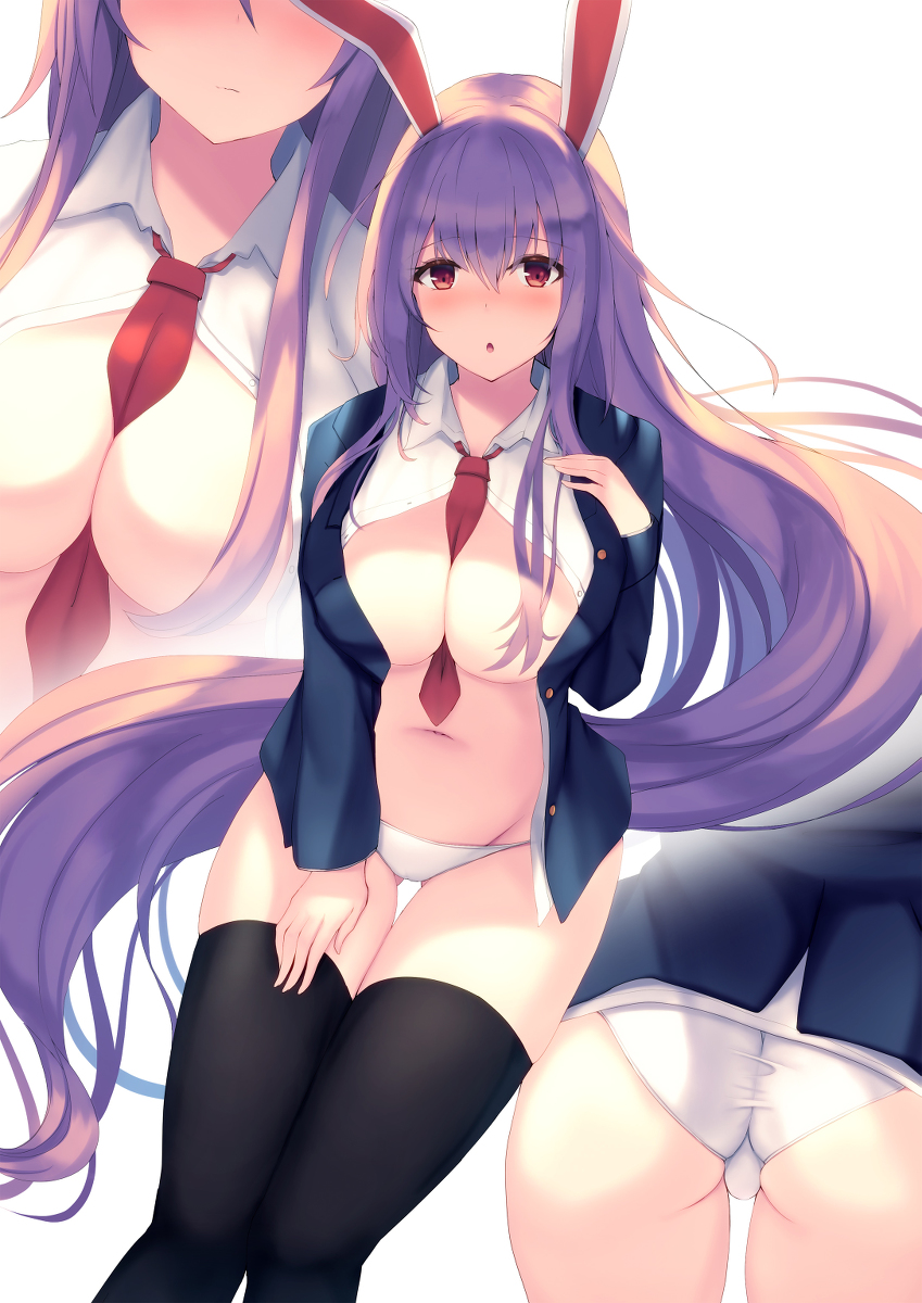 animal_ears ass between_breasts blush breasts bunny_ears large_breasts liya long_hair looking_at_viewer lowleg_panties navel no_pants open_clothes open_shirt panties purple_hair red_eyes reisen_udongein_inaba tagme thighhighs touhou trefoil very_long_hair white_panties