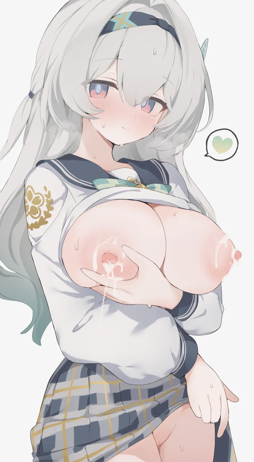 1girls, areolae, blush, breasts, breasts out, cum on breasts, female focus, female only, firefly (honkai: star rail), firefly (spring missive) (honkai: star rail), gradient eyes, gradient hair, hair ornament, hand on breast, hand on own breast, headband, heart, hone kawa, honkai (series), honkai: star rail, lactating, lactation, large breasts, long hair, looking at viewer, nipples, no bra, no panties, pussy, school uniform, shirt, shirt lift, silver hair, simple background, skirt, skirt lift, skirt lifted by self, smiling, smiling at viewer, solo, solo female, sweating, white background