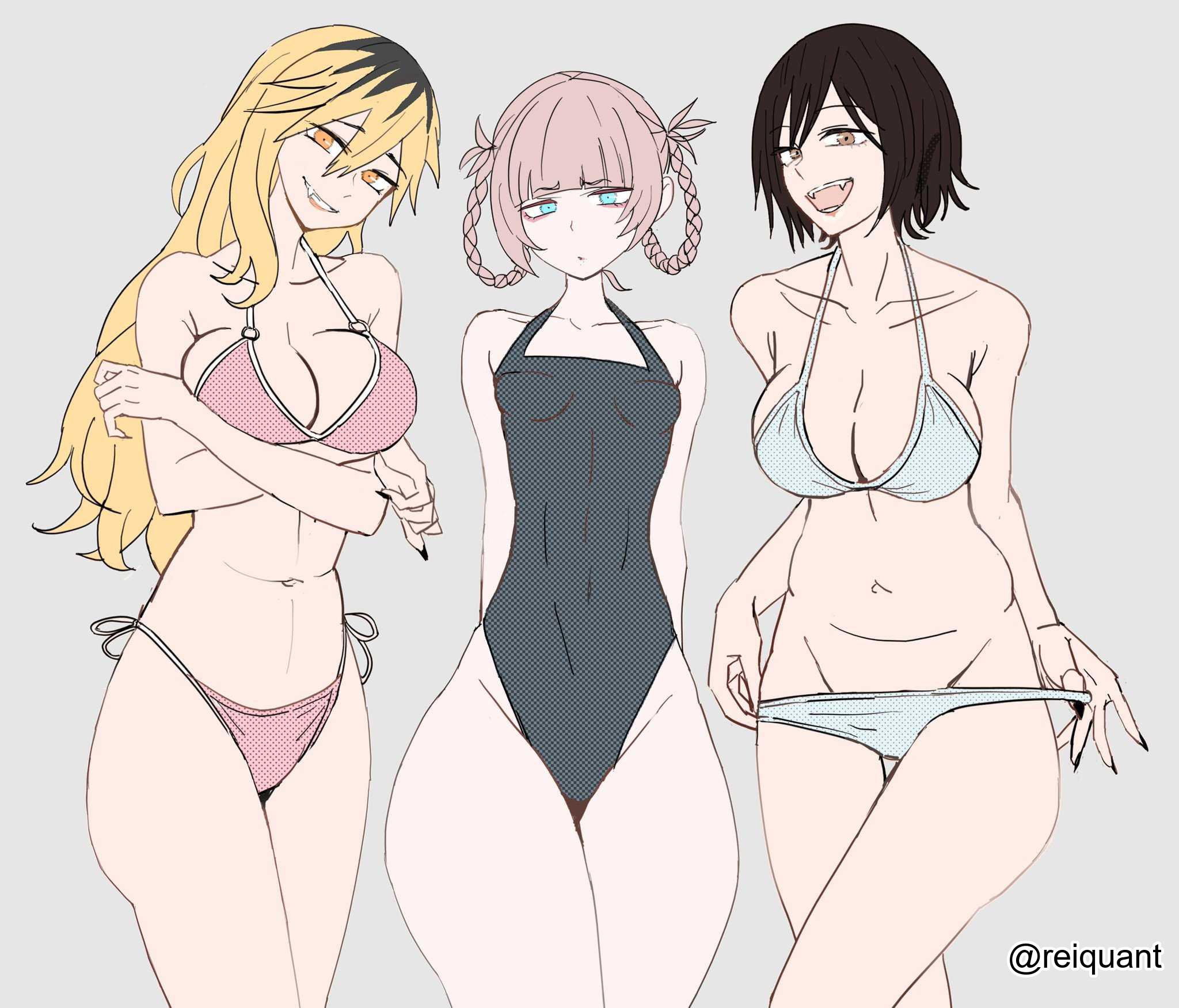 2d, 2d (artwork), 2d artwork, 3girls, adult, adult female, almost naked, almost nude, arm under breasts, arms crossed, arms under breasts, bare arms, bare belly, bare chest, bare hands, bare hips, bare legs, bare midriff, bare navel, bare shoulders, bare skin, bare thighs, belly, belly button, bewitching thighs, big breasts, bikini, bikini bottom, bikini only, bikini top, black bikini, black fingernails, black hair, black nail polish, black nails, black one-piece swimsuit, black swimsuit, black swimwear, black-haired female, blonde eyebrows, blonde female, blonde hair, blonde hair female, blonde-haired female, blue bikini, blue bikini bottom, blue bikini top, blue eyes, blue swimsuit, blue swimwear, blue-eyed female, blunt bangs, braid, braided hair, braided pigtails, braids, breasts, brown eyes, brown-eyed female, busty, busty female, busty girl, call of the night, child bearing hips, cleavage, collarbone, crossed arms, curvaceous, curvaceous body, curvaceous female, curvaceous figure, curvaceous hips, curvaceous thighs, curvy, curvy body, curvy female, curvy figure, curvy hips, curvy thighs, digital, digital art, digital drawing, digital drawing (artwork), digital media, digital media (artwork), elbows, exposed arms, exposed belly, exposed chest, exposed hips, exposed legs, exposed midriff, exposed navel, exposed shoulders, exposed skin, exposed thighs, eyebrows visible through hair, female, female focus, female only, fertile hips, fingernails, fingers, frown, frown eyebrows, frowning, frowning at viewer, grey background, grin, grinning, grinning at viewer, groin, hair between eyes, halterneck, head tilt, high resolution, highres, hourglass figure, inguinal crease, inguinal ligament, kikyou seri, kohakobe midori, large boobs, large breasts, lean figure, linea alba, long hair, looking at viewer, mature, mature female, midriff, mostly nude, multicolored hair, multiple females, multiple girls, nail polish, nails, naked, naked female, naked woman, nanakusa nazuna, narrow waist, navel, nearly nude, nude, nude female, nudity, one-piece swimsuit, open mouth, open mouth smile, orange eyes, orange-eyed female, parted lips, pear-shaped figure, petite, petite body, petite breasts, petite female, petite girl, petite tits, pink bikini, pink bikini bottom, pink bikini top, pink eyebrows, pink hair, pink hair female, pink swimsuit, pink swimwear, pink-haired female, practically nude, reiquant, short hair, shoulders, side-tie bikini, simple background, slender body, slender waist, slim waist, small breast, small breasts, smile, smiley face, smiling, smiling at viewer, standing, stomach, strap lift, strap pull, string bikini, swimsuit, swimwear, take your pick, thick thighs, thighs, tilted head, tiny breasts, tongue, twin braids, upper body, upper teeth, vampire, vampire girl, vampire teeth, white background, wide hips, yofukashi no uta