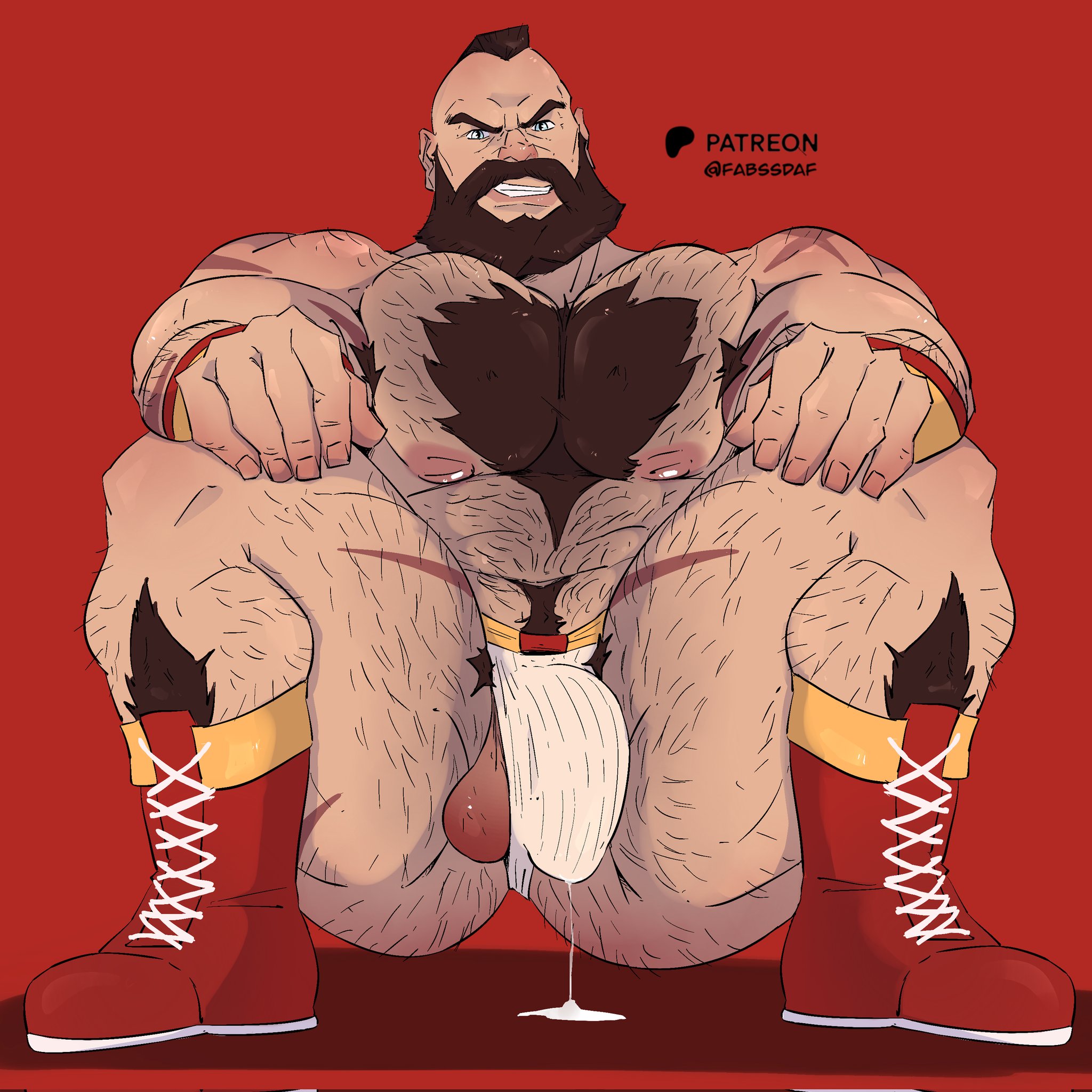 bara, beard, big pecs, bulge, chest hair, fabssdaf, hairy, hairy chest, male, male only, muscular, muscular male, precum, solo, street fighter, zangief