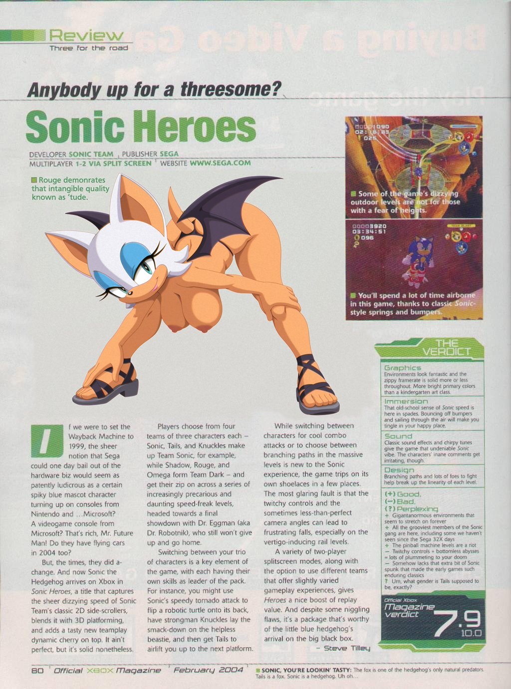 1girls, article, ass up, bat wings, erect nipples, evaluation, full body, hanging breasts, looking at viewer, magazine, magazine cover, rating, rating scale, rouge the bat, sandals, sarantics, sega, sonic (series), sonic heroes, sonic the hedgehog (series), spread legs, tail, toes, topless