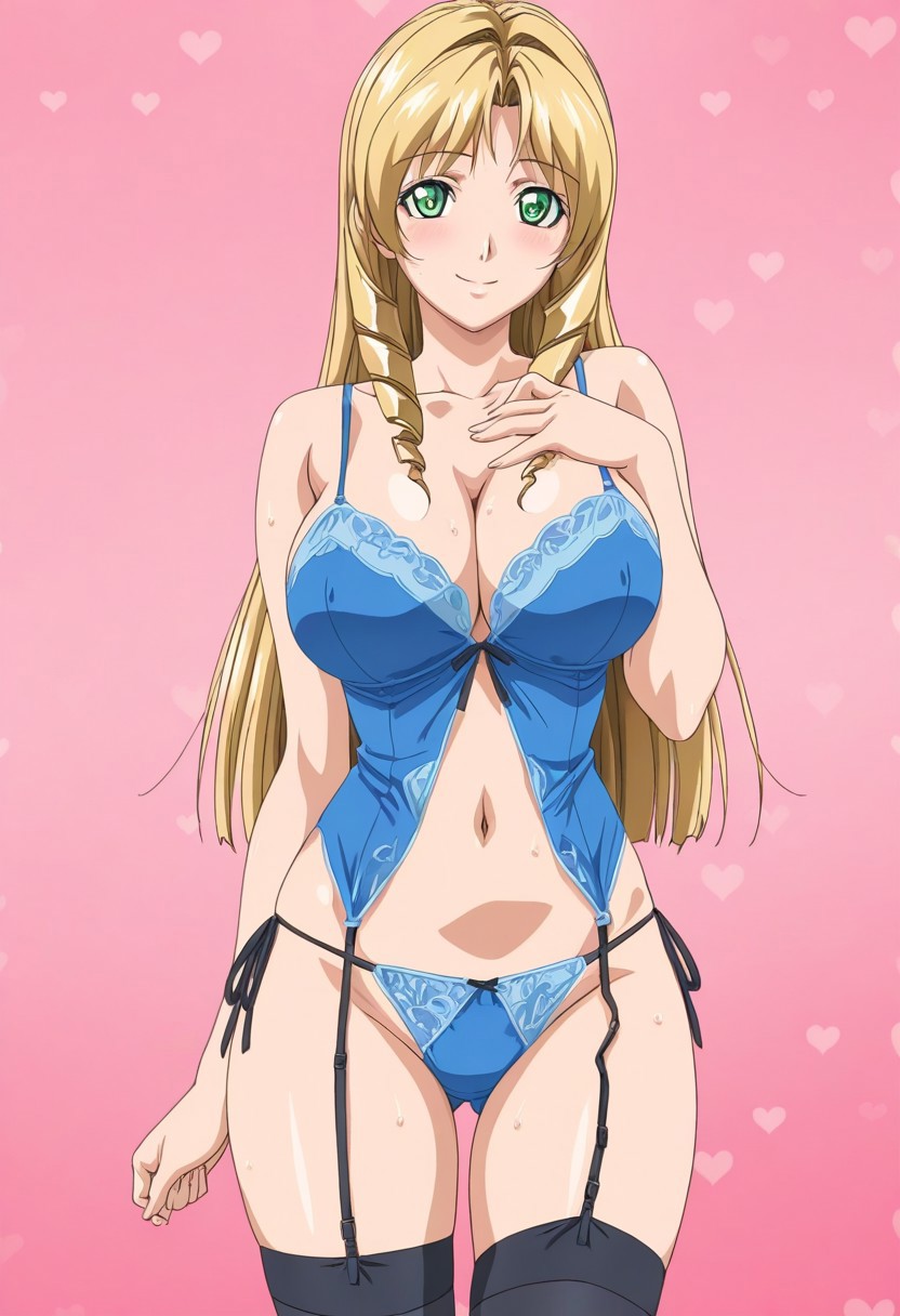 1girls, ai generated, alternate costume, babydoll, bare shoulders, barely clothed, bible black, big breasts, blonde hair, blush, breasts, cleavage, curvaceous, curvy, curvy body, curvy female, curvy figure, drill sidelocks, embarrassed, facing viewer, female, female focus, female only, front view, garter belt, garter straps, green eyes, high resolution, hourglass figure, hourglass figured female, kazsam, leotard, lingerie, lingerie only, long hair, midriff, mostly nude, navel, panties, pink background, pinup, plain background, revealing clothes, shiraki rika, side-tie panties, sidelocks, simple background, skimpy, skimpy clothes, sleeveless, smile, solo, stockings, teen, teenage girl, teenager, uncensored, upper body, very long hair