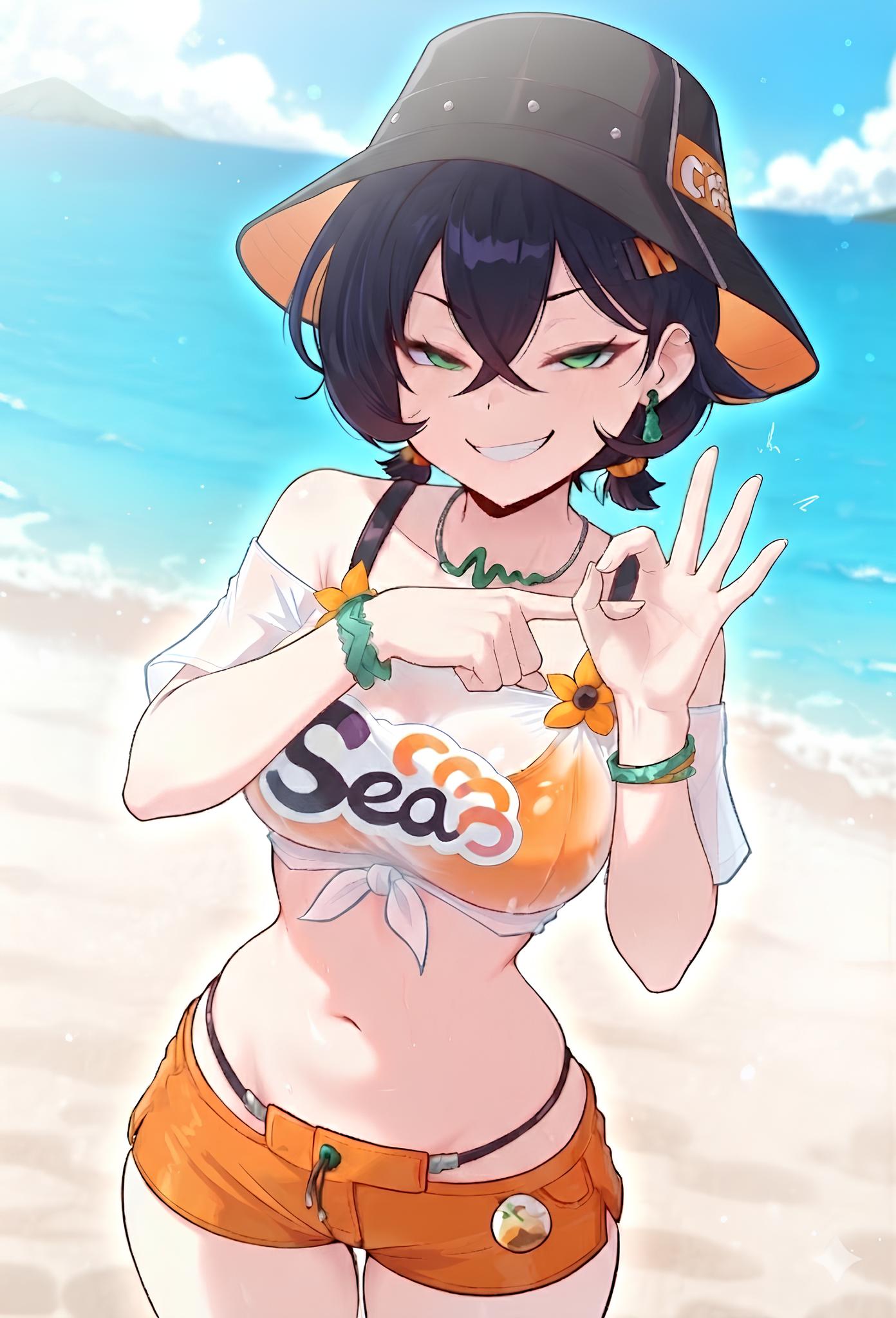 1girls, ai generated, beach, belle (summer skies) (zenless zone zero), belle (zenless zone zero), bikini, bikini under clothes, black hair, black headwear, bracelet, breasts, bucket hat, cowboy shot, day, earrings, female, green eyes, grin, hair between eyes, hat, hoyoverse, jewelry, looking at viewer, midriff, mihoyo, navel, ocean, official alternate costume, orange bikini, orange shorts, outdoors, penetration gesture, sex gesture, shirt, short hair, short shorts, shorts, sky, smile, solo, swimsuit, vortalis, zenless zone zero
