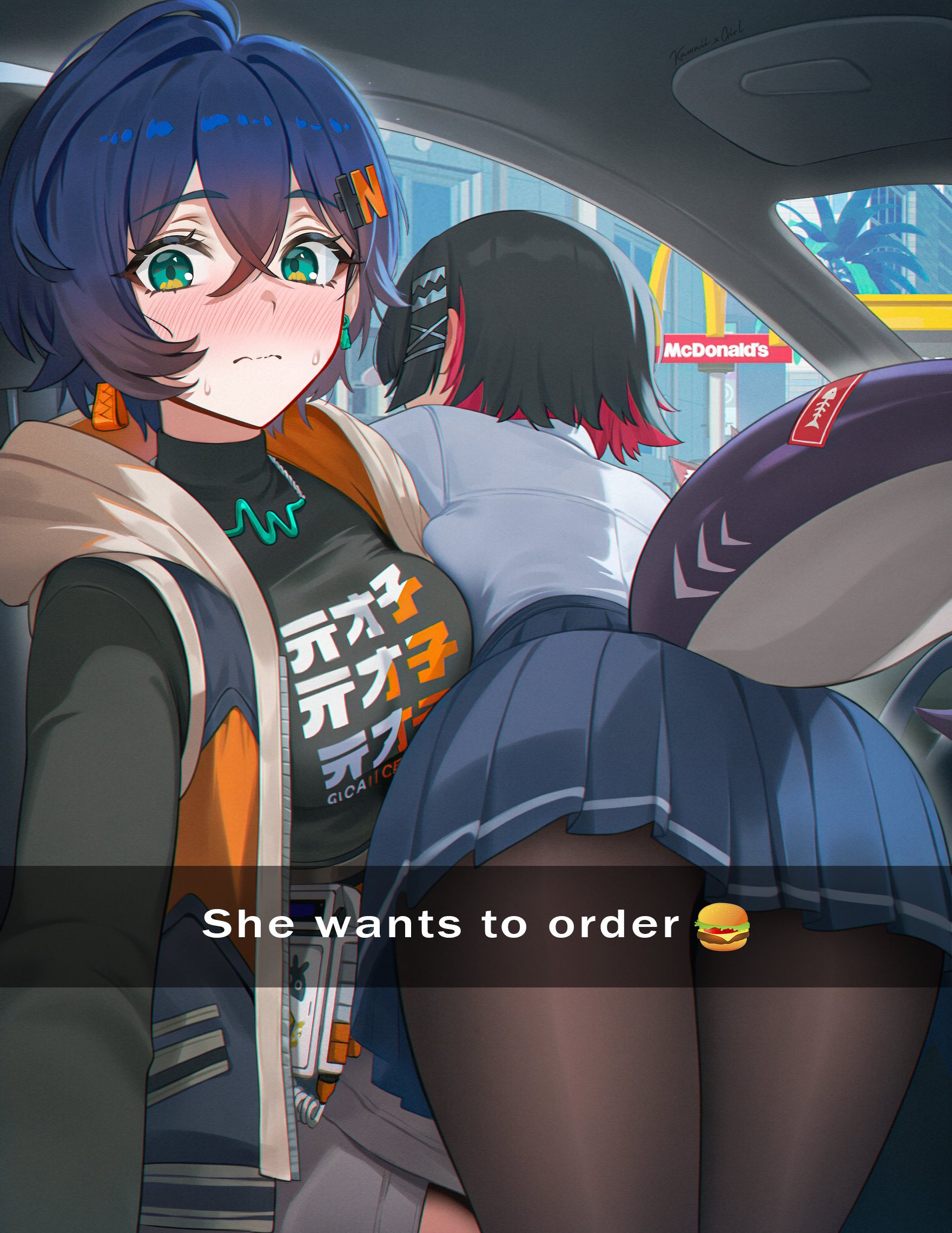 2026, 2girls, ass, belle (zenless zone zero), black hair, blue eyes, blue hair, blush, breast press, breasts, car, color, colored, ellen joe, ellen joe (on campus), embarrassed, embarrassed female, female, female only, green eyes, hi res, hoyoverse, kawaii xgirl, mcdonald's, meme, mihoyo, multicolored hair, nervous, red hair, reference image, shark girl, shark tail, she wants to order, short hair, skirt, sweat, sweatdrop, tail, thick thighs, thighs, yuri, zenless zone zero