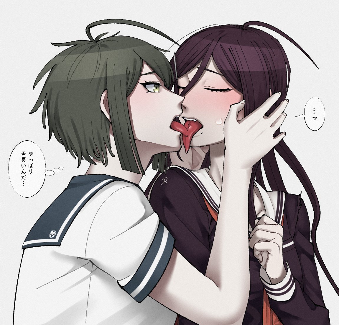 2girls ahoge blush closed_eyes danganronpa danganronpa_(series) danganronpa_ultra_despair_girls french_kiss french_kissing fukawa_touko green_eyes green_hair grey_background hands_on_another's_head japanese_clothes japanese_text kissing long_hair mole_under_mouth naegi_komaru pale-skinned_female pale_skin purple_hair sailor_uniform school_uniform schoolgirl short_hair smooth_skin sweat tongue tongue_kiss tongue_kissing yumemi9603 yuri