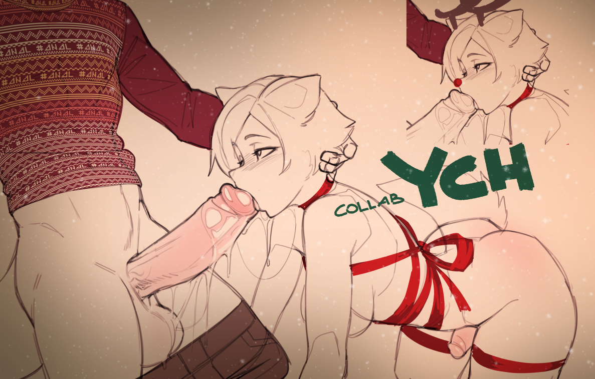 2boys, ass, balls, big penis, christmas, christmas outfit, dash ravo, fellatio, hand on another's head, kneeling, line art, male, male only, oral, pants down, penis, penis size difference, sex, short hair, sketch, standing, submissive male, sweater, twink, wet, wrapped, yaoi