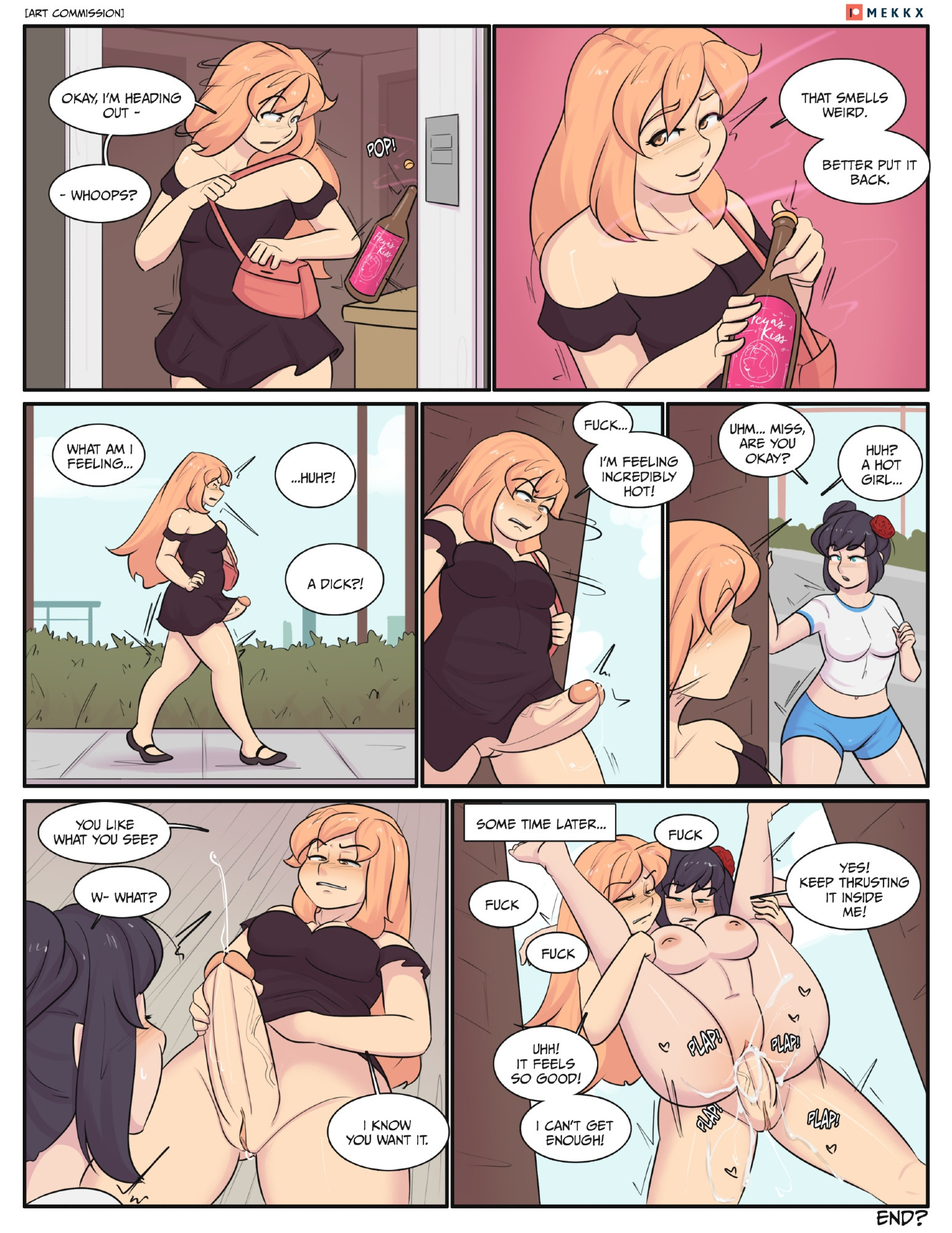 belle (mekkx), black dress, black hair, cock growth, comic, commission, commissioner upload, cum in pussy, dubious consent, freya's kiss, full nelson, full nelson (legs held), full nelson vaginal, futa on female, futa sans balls, futanari, intimate rain, mekkx, orange hair, original, original character, red hair ornament, shorts, text, the city of reygarth, white shirt