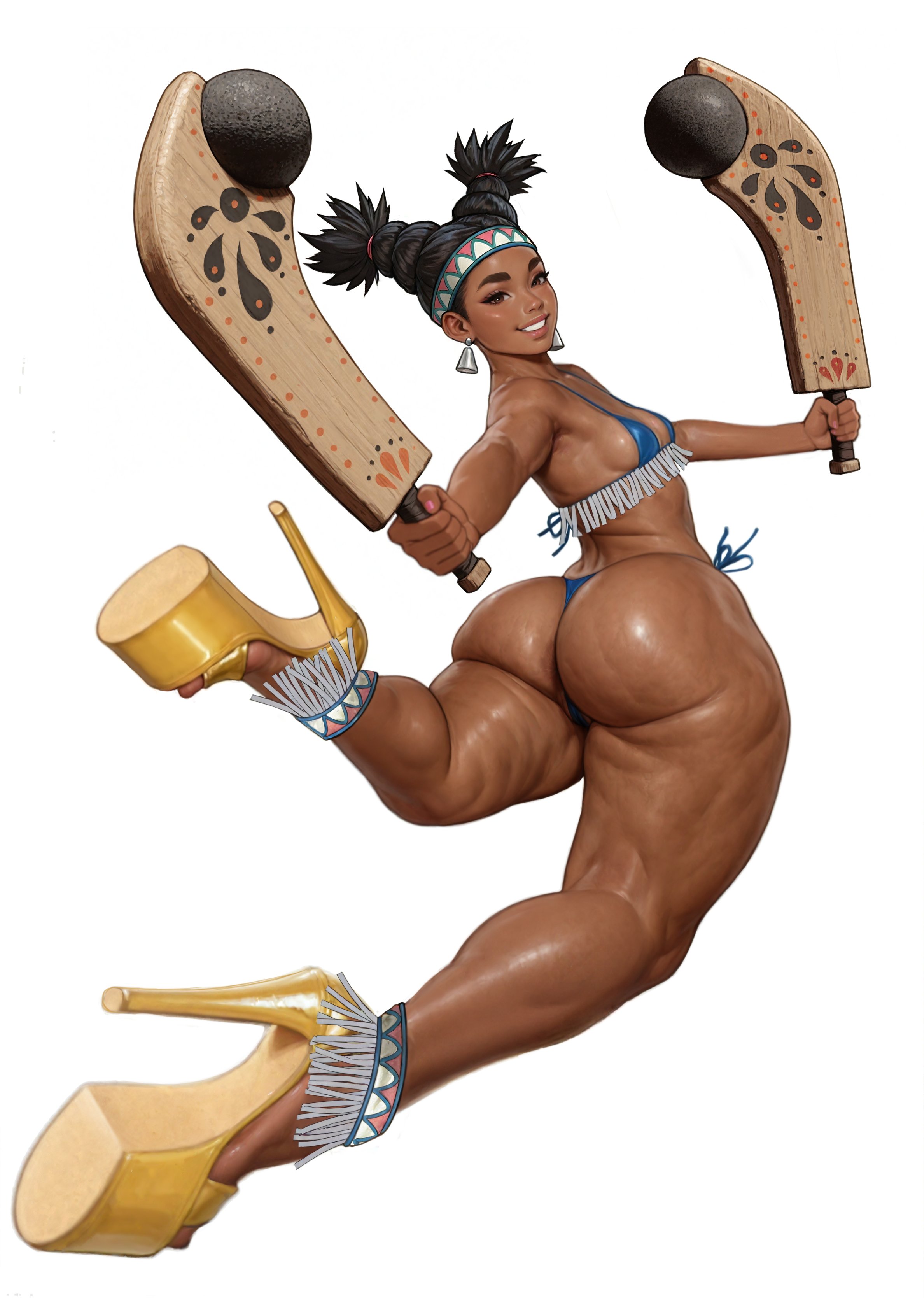 2025, absurd res, absurdres, action pose, anklet, anus, armpits, ass, asshole, asshole behind thong, big ass, bikini, bikini bottom, bikini top, black hair, bottom heavy, breasts, brown eyes, capcom, cellulite, club, dark hair, dark skin, dark-skinned female, digital drawing (artwork), digital media (artwork), earrings, gluteal fold, hairband, high heels, high resolution, highres, huge thighs, jefferson ulisses, jumping, large ass, large thighs, latina, lily hawk, looking at viewer, looking back, massive thighs, mexican, one leg up, open mouth, pinup, platform heels, pussy, round ass, shiny skin, skimpy, skimpy clothes, small breasts, smile, smiling at viewer, street fighter, street fighter 6, tagme, tan body, tan skin, teeth, teeth showing, thick eyebrows, thick thighs, thighs, thong, thong bikini, twintails, underbutt, vagina, weapon, white, white background