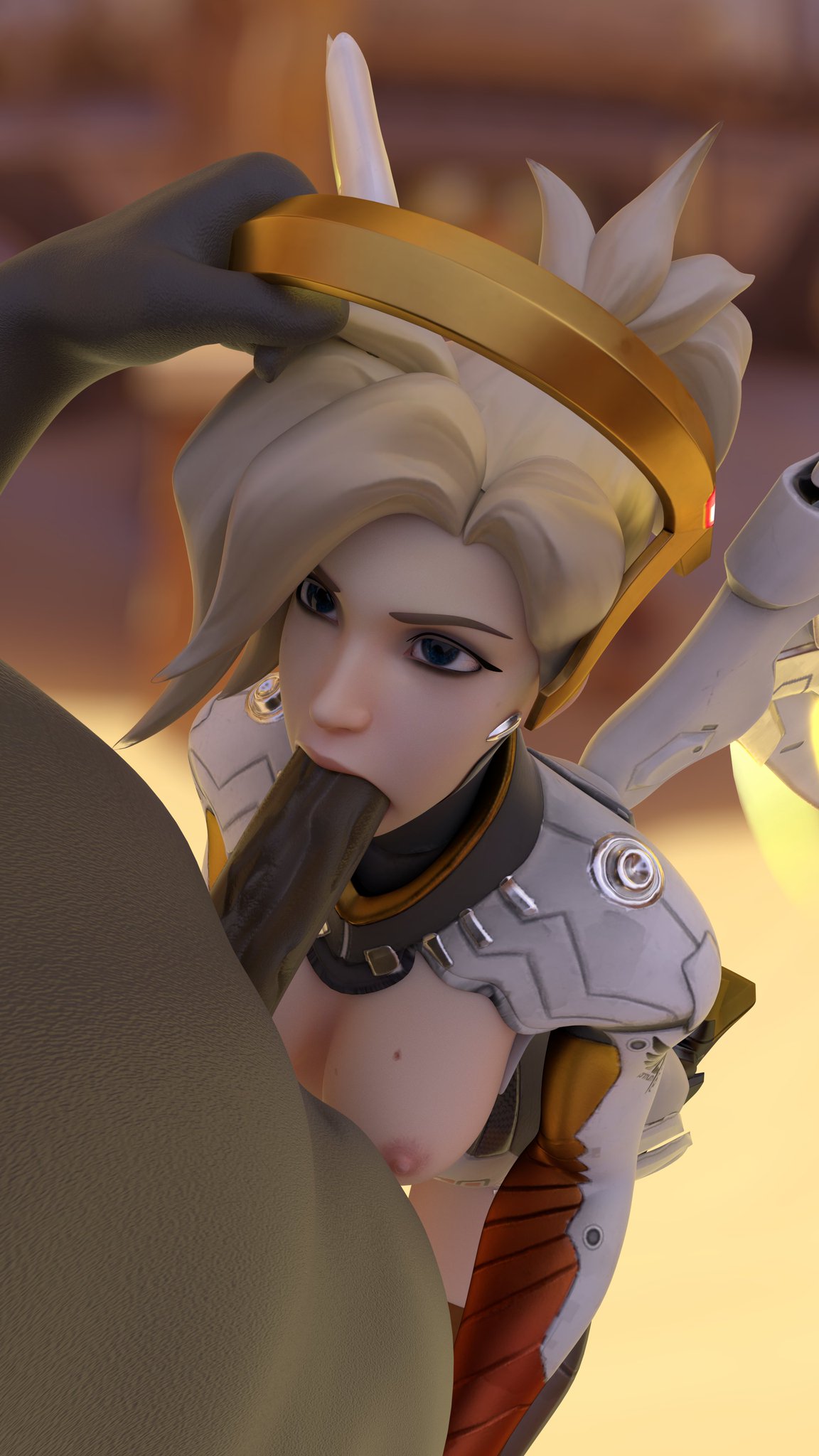 1girls, 3d, big penis, blonde hair, blowjob, blue eyes, breasts, currysfm, dark skin, dark-skinned male, desert, eye contact, fellatio, female, interracial, kneeling, large penis, light skin, light-skinned female, looking up, male, mercy, oral, overwatch, penis