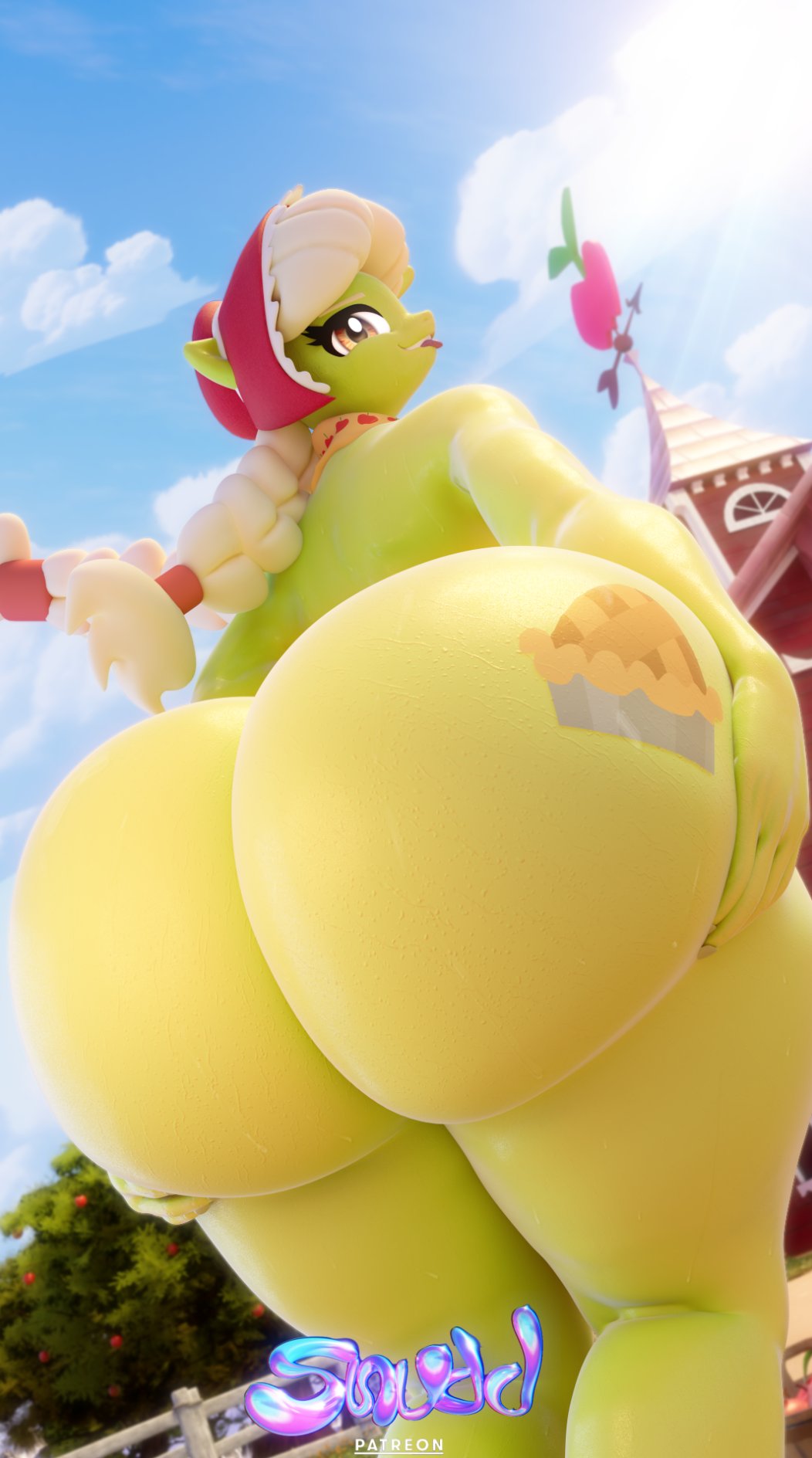 3d, 3d (artwork), 4k, 9:16, absurd res, aged down, anthro, ass, big breasts, big butt, breasts, clothing, cutie mark, digital media (artwork), earth pony, equid, equine, female, foot imprint, footwear, friendship is magic, granny smith (mlp), green hair, grey hair, hair, hasbro, hi res, horse, huge butt, imprint, looking at viewer, mammal, mostly nude, multicolored hair, my little pony, plantigrade, pony, snuddy, soles, solo, source filmmaker (artwork), two tone hair, wide hips