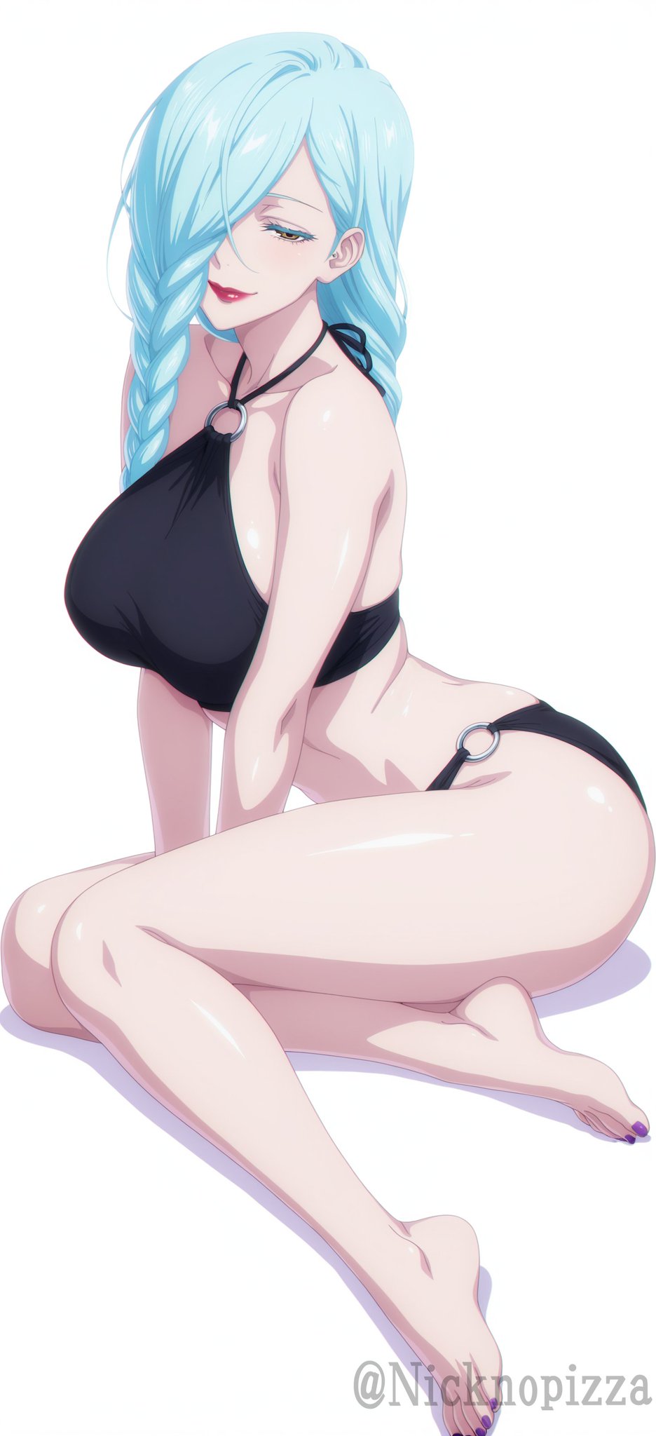 1girls, ai generated, bare legs, bare shoulders, barefoot, big breasts, bikini, bikini bottom, bikini top, braid, braided hair, braided ponytail, breasts, brown eyes, curvaceous, curvy, curvy body, curvy female, curvy figure, eyelashes, feet, female, female focus, female only, fingernails, full body, hair over one eye, half-closed eyes, high resolution, huge breasts, jujutsu kaisen, large breasts, lipstick, long hair, looking at viewer, makeup, mature, mature female, mei mei (jujutsu kaisen), midriff, milf, nail polish, narrowed eyes, navel, nicknopizza, o-ring, o-ring bikini, pinup, plain background, pose, posing for the viewer, sagging breasts, shiny skin, simple background, sitting, smile, solo, swimsuit, thick thighs, thighs, toenail polish, toes, url, very long hair, voluptuous, voluptuous female, watermark, web address, white background, white hair, white skin, wide hips