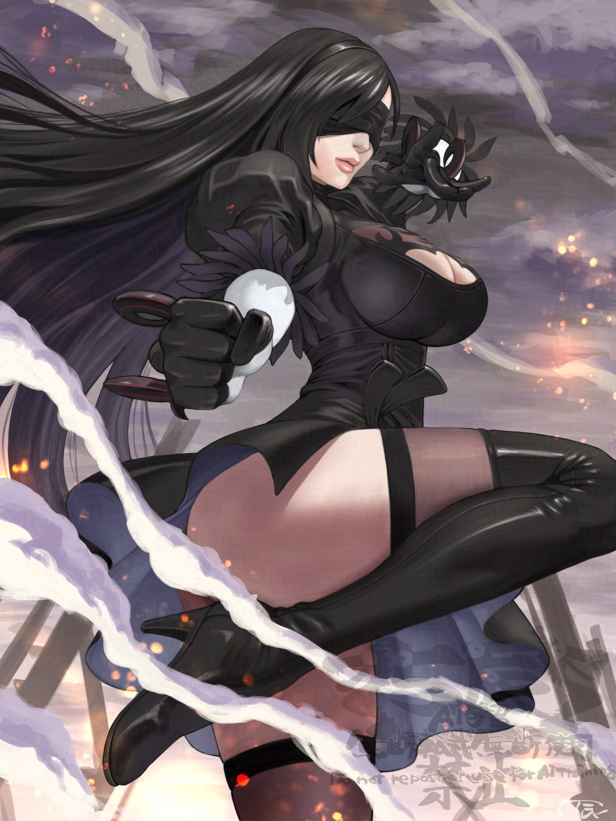 1girls, 5tatsu, action pose, ass peek, black boots, black dress, black gloves, black hair, black hairband, blindfold, boots, breasts, cleavage, cleavage cutout, closed mouth, clothing cutout, cloud, cloudy sky, commentary request, company connection, cosplay, crossover cosplay, dress, embers, feather-trimmed sleeves, female, female only, fighting stance, final fantasy, final fantasy vii, final fantasy vii: ever crisis, floating hair, foot out of frame, from side, gloves, grey sky, hairband, high heels, highres, juliet sleeves, large breasts, leg up, lips, long hair, long sleeves, nier (series), nier: automata, official alternate costume, outdoors, pink lips, puffy sleeves, ruins, sfw, side slit, sky, solo, standing, standing on one leg, thigh boots, thighhighs, thighhighs under boots, thighs, tifa lockhart, tifa lockhart (battler ensemble), yorha 2b (cosplay)
