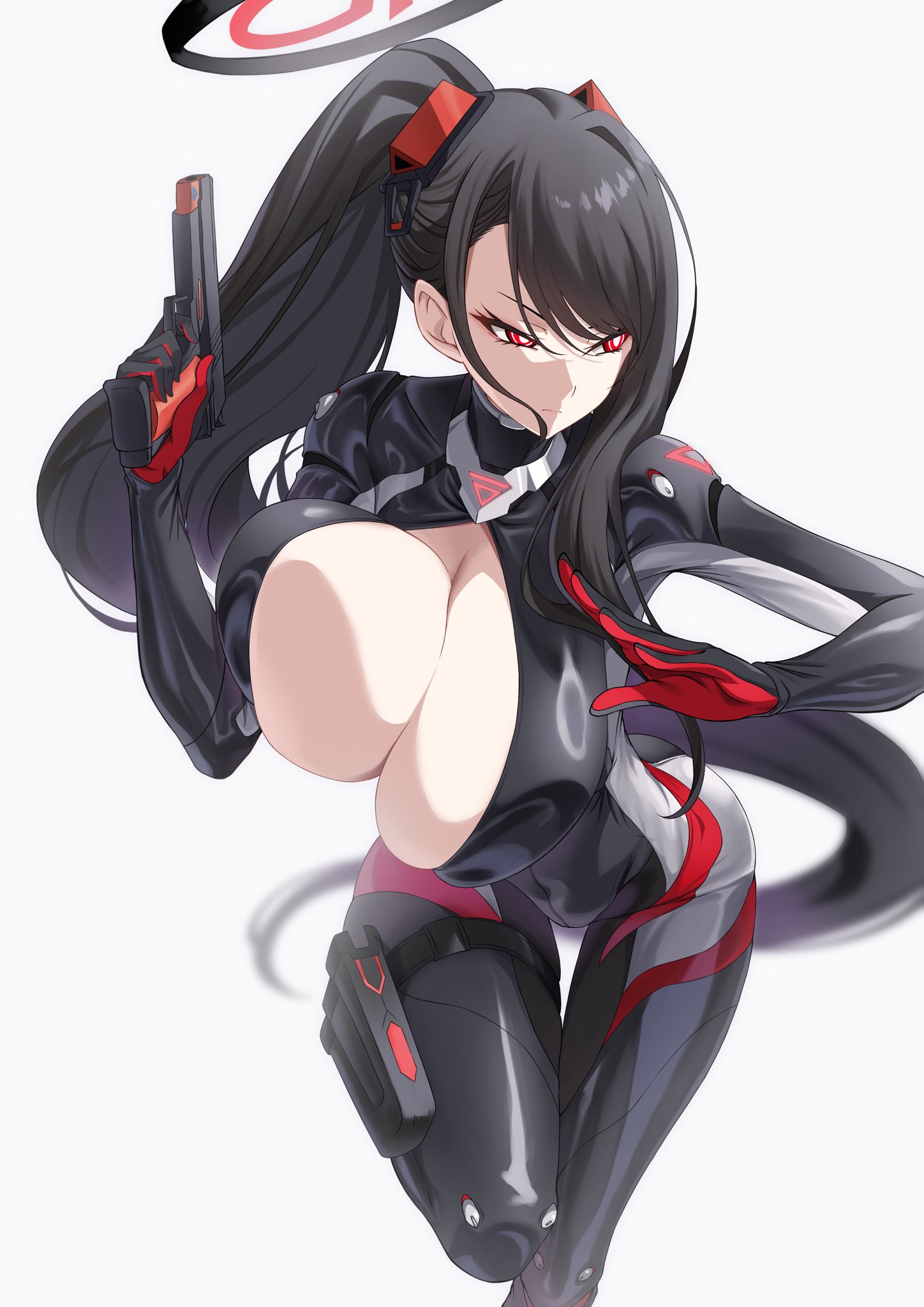 1girls, black hair, black halo, blue archive, bodysuit, bouncing breasts, breasts, cleavage, gun, halo, handgun, holding object, holding weapon, huge breasts, large breasts, latex, long hair, ponytail, red eyes, rio (armed) (blue archive), rio (blue archive), simple background, solo, suigetu26, white background