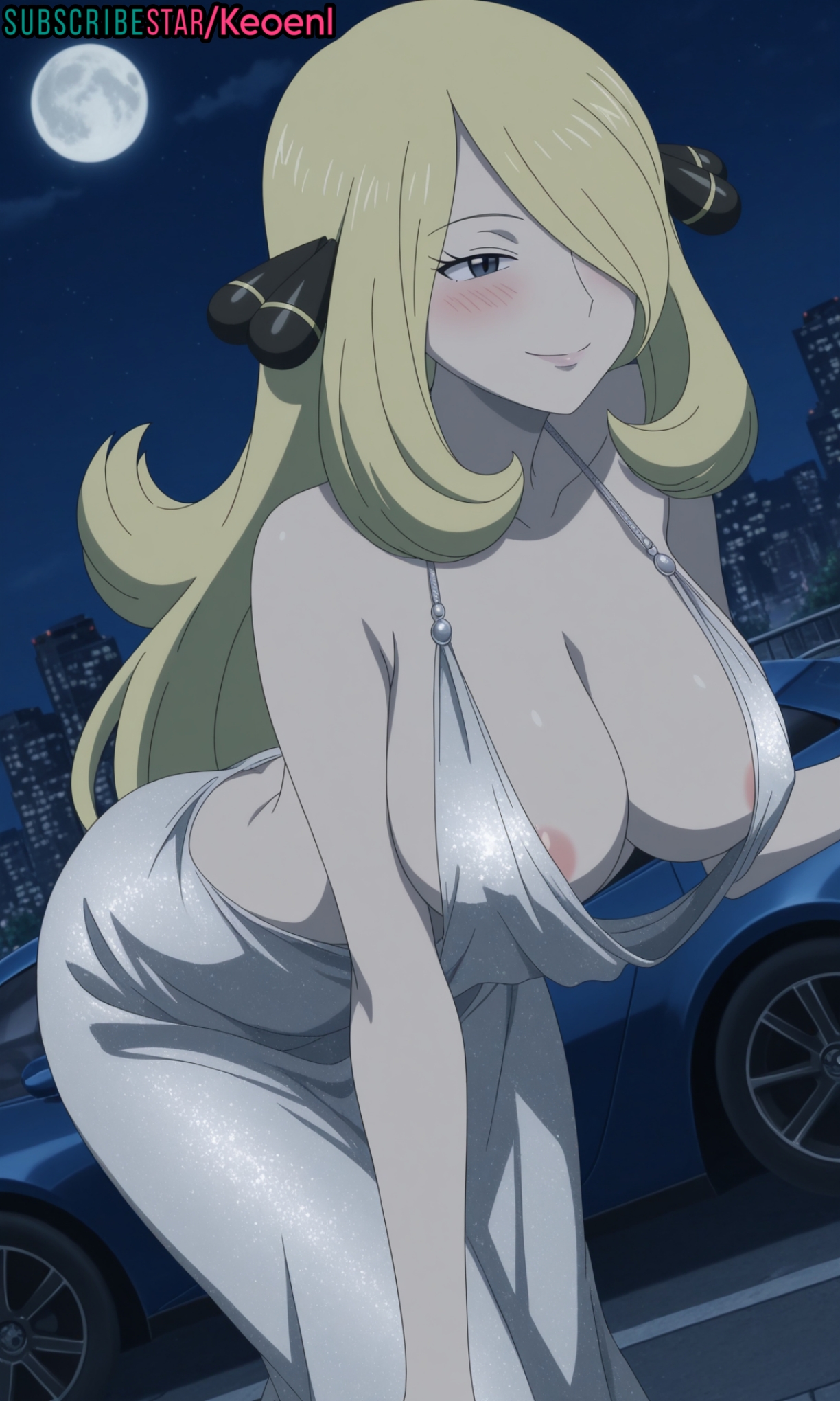 1girls, accurate art style, ai generated, anime, areola slip, areolae, areolae slip, ass, bent over, big breasts, black eyes, blonde hair, blush, breasts, car, cleavage, cocktail dress, cynthia (pokemon), dress, embarrassed, female, female only, hair over one eye, hands on breasts, hi res, hips, keoenl, large breasts, les, light skin, light-skinned female, lipstick, long hair, makeup, mature, mature female, moon, naughty face, night, nintendo, nipple slip, nipples, outdoors, pasties, pokemon, pokemon dppt, pokemon dppt (anime), pussy, revealing cleavage, revealing clothes, revealing dress, silver dress, solo, subscribestar, thick thighs, thighs, white dress, wide hips