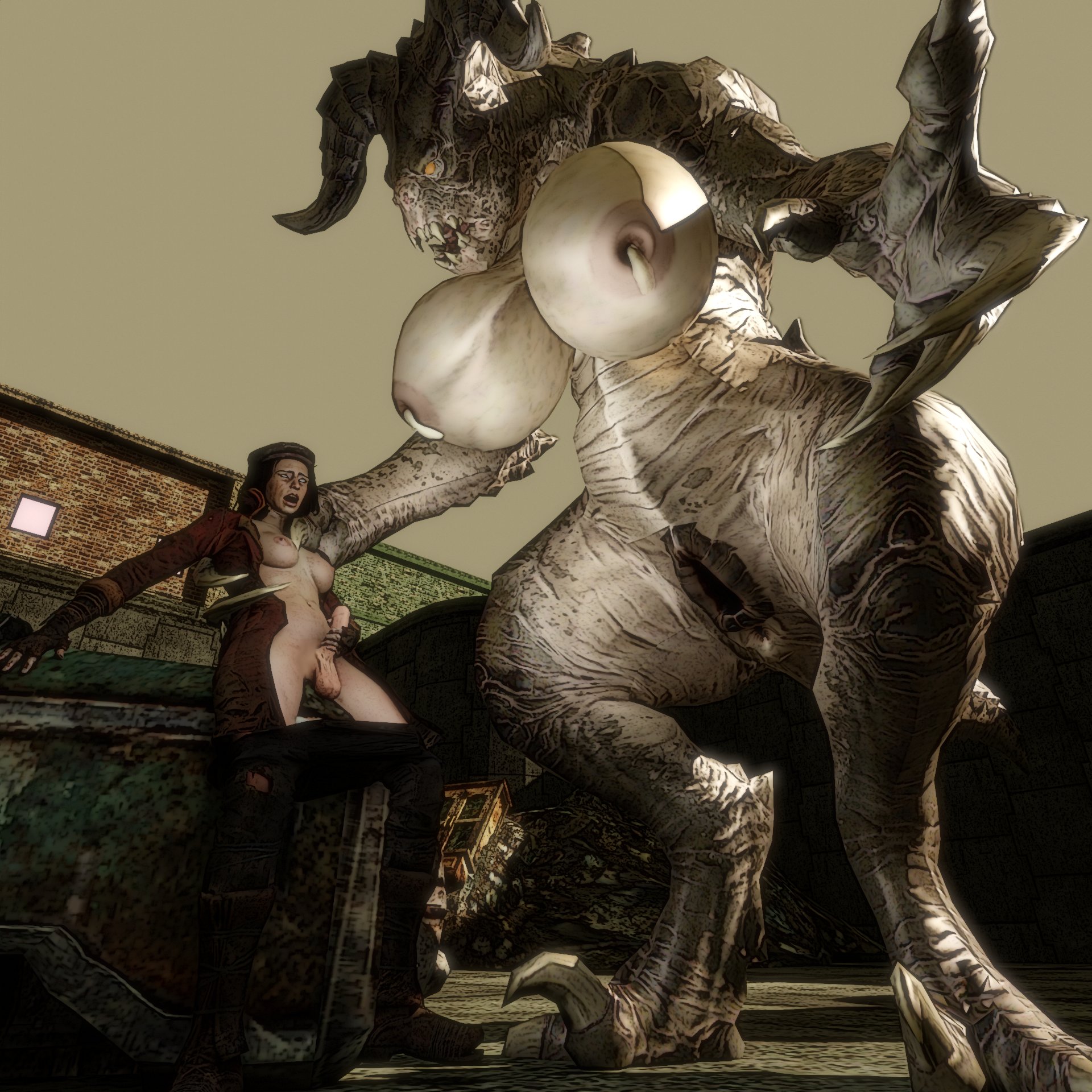 2girls, 3d, anthro, ass, big ass, big breasts, big butt, blender, breasts, deathclaw, eyebrowless, fallout, fallout 4, female, female deathclaw, futanari, gigantic breasts, intersex, interspecies, lactation, lipless, no ears, nude, piper wright, reversemilkman, scalie, size difference