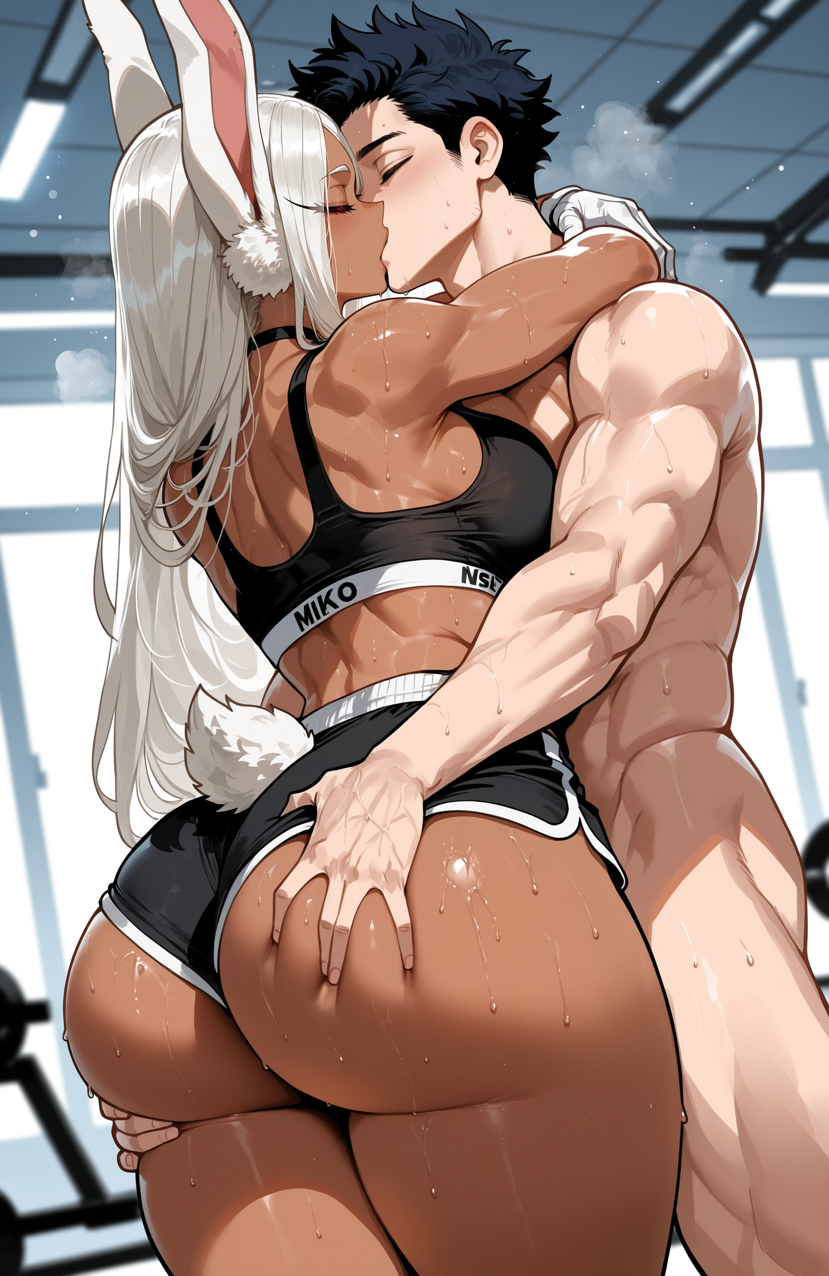 ai generated, ass grab, big ass, big breasts, big butt, big thighs, boku no hero academia, grabbing ass, gym, gym clothes, gym shirt, gym shorts, gym uniform, hot, huge ass, huge breasts, huge butt, huge thighs, kissing, miruko, miyuai, my hero academia, rabbit ears, rumi usagiyama, sexy, sexy female, thick, thick ass, thick butt, thick legs, thick thighs