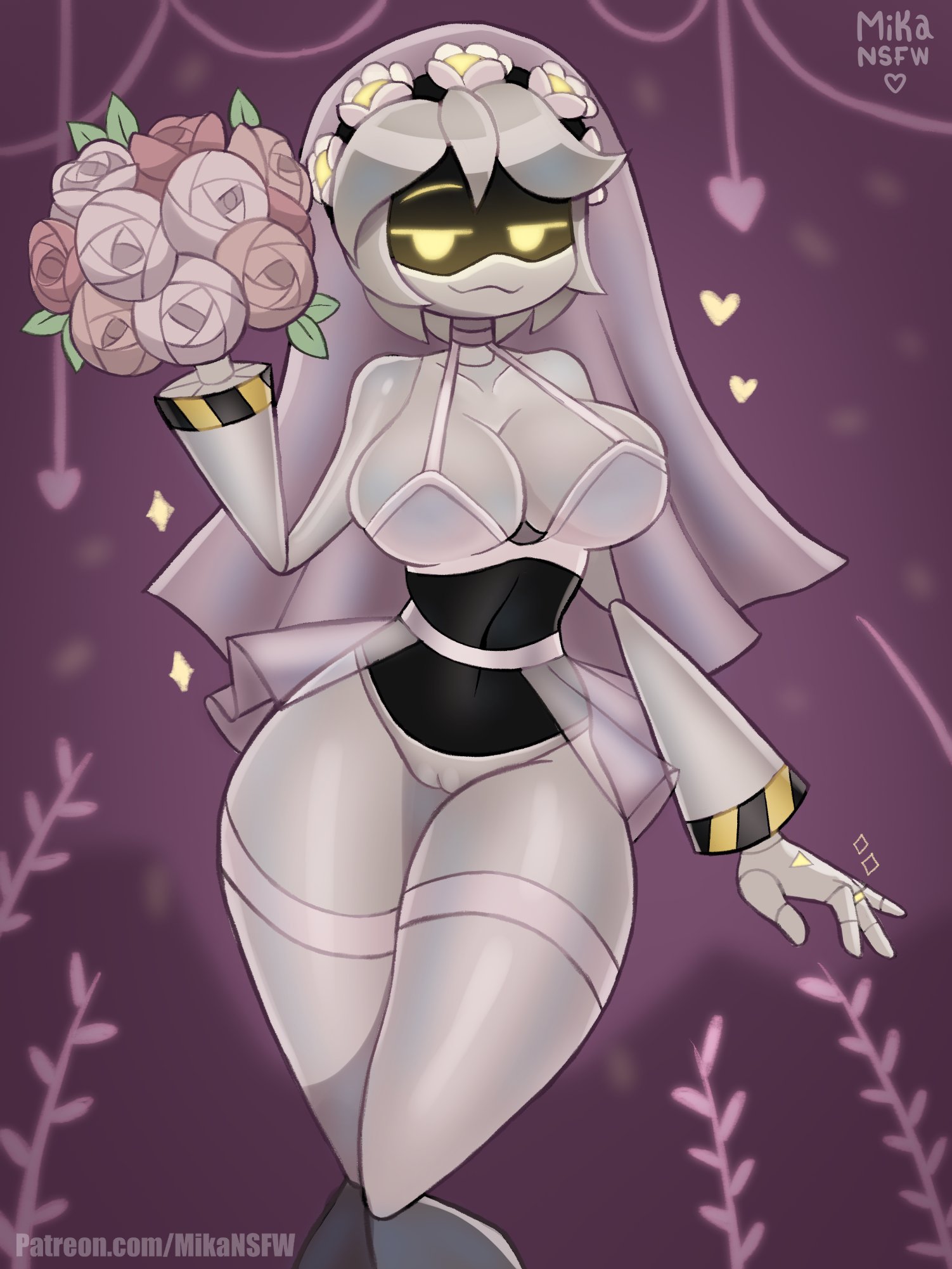 1girls, artist name, artist signature, assertive female, big breasts, breasts, curvaceous, curvy body, curvy female, curvy figure, curvy hips, female, female focus, female only, flower, flowers, glitch productions, hips, hourglass figure, lingerie, mikansfw, murder drones, pussy, robot, robot girl, robot humanoid, see-through clothing, silver hair, smug, solo, solo female, thick thighs, thighs, thin clothing, v (murder drones), wedding dress, wedding lingerie, wedding ring, wedding veil, wide hips, yellow eyes