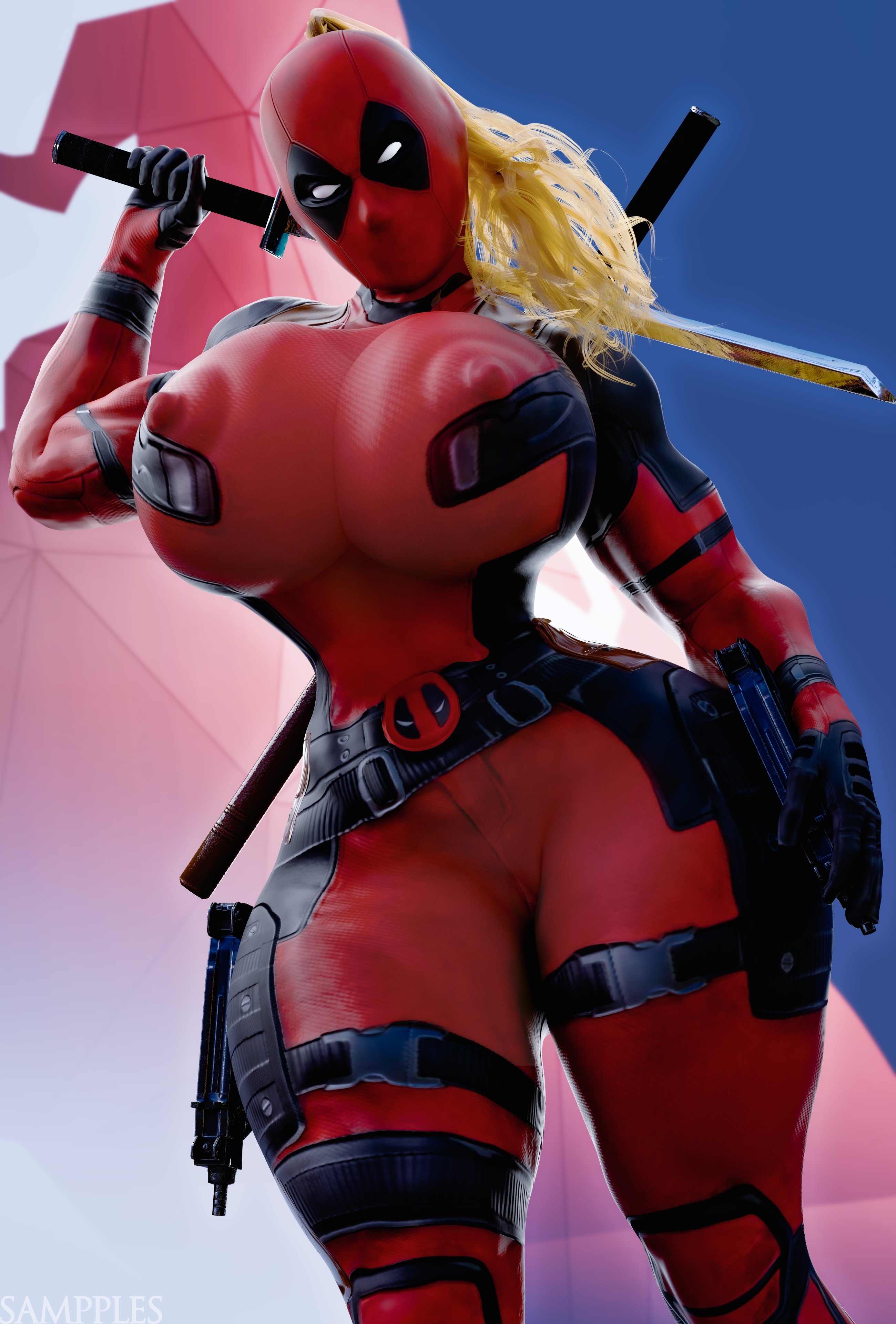 1girls, 3d, big breasts, blonde hair, huge breasts, lady deadpool, looking at viewer, marvel, marvel comics, masked, masked female, ponytail, sampples