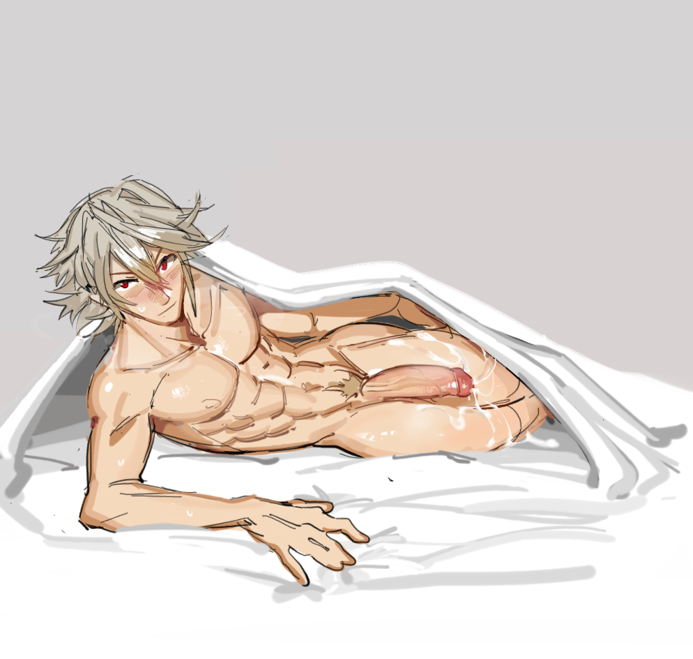 1boy abs after_orgasm bed bedroom_eyes completely_nude corrin_(fire_emblem) corrin_(fire_emblem)_(male) cum cum_on_legs drawfag drawthread_request fire_emblem fire_emblem_fates huge_penis inviting_under_covers lifting_sheet looking_at_viewer male_focus male_only muscles naked nintendo nude nude_male pecs penis presenting_penis red_eyes solo source_request under_covers veiny_penis