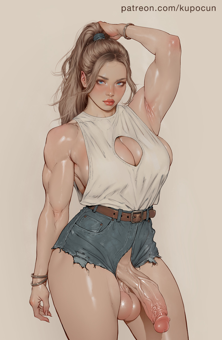 1futa, balls, big balls, big breasts, big penis, breasts, cleavage, clothed, clothing, erection, futa only, futanari, huge cock, human, kupocun, large breasts, light skin, mostly clothed, muscles, muscular, muscular futanari, open fly, penis, realistic, solo, testicles