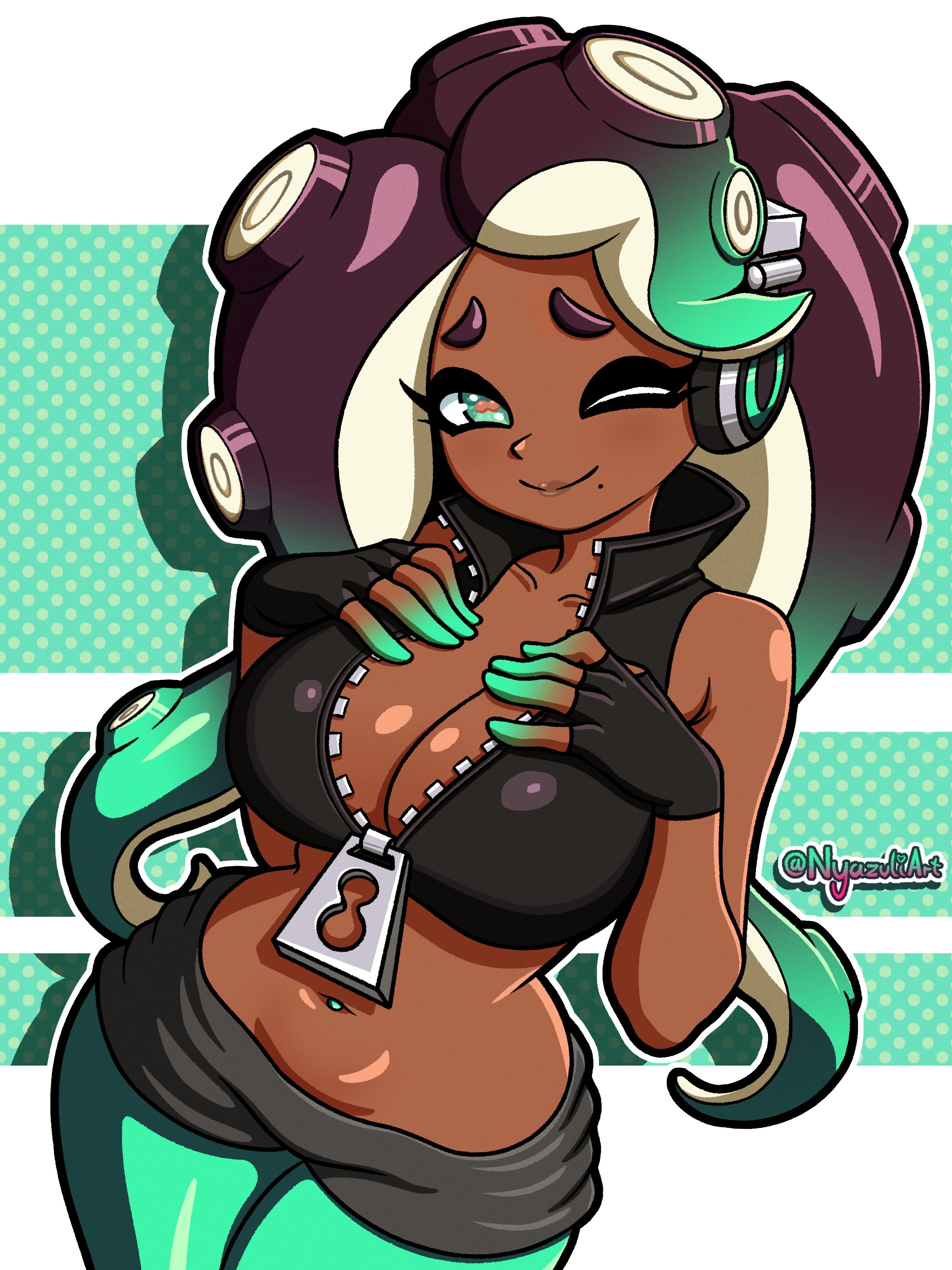 ;), 1girls, artist name, beauty mark, big breasts, black gloves, black hair, black shorts, breasts, cleavage, clothed, crop top, dark skin, dark-skinned female, female, female only, fingerless gloves, gloves, green eyes, green nails, hands on own chest, headphones, legwear under shorts, long hair, looking at viewer, marina (splatoon), mole, mole under mouth, multicolored, multicolored hair, multicolored skin, navel piercing, nintendo, nyazuliart, octarian, one eye closed, pantyhose, piercing, polka dot background, purple hair, shorts, smile, solo, splatoon, splatoon (series), splatoon 2, suction cups, tentacle hair, unzipped, zipper, zipper pull tab